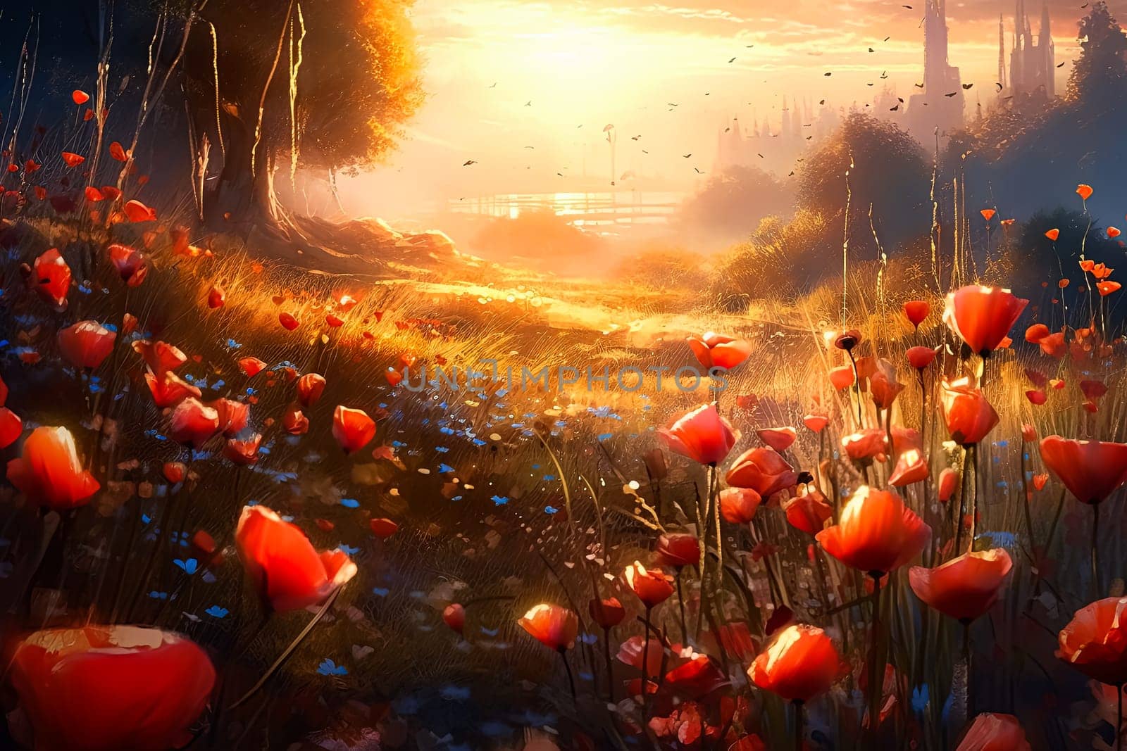 A field of flowers with a single red flower in the middle. The flowers are in full bloom and the sun is shining brightly