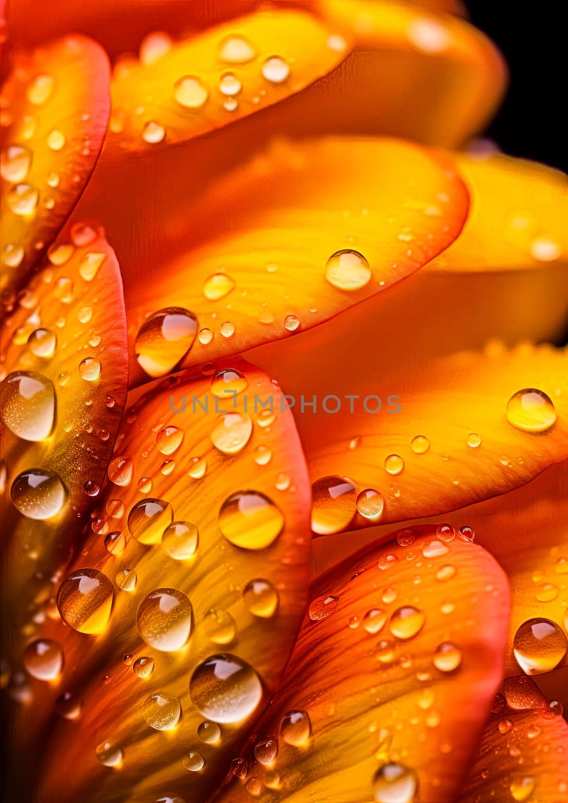 A close up of a flower with droplets of water on it. The droplets are small and scattered, giving the impression of a light rain. The flower is orange and has a delicate, almost ethereal quality to it