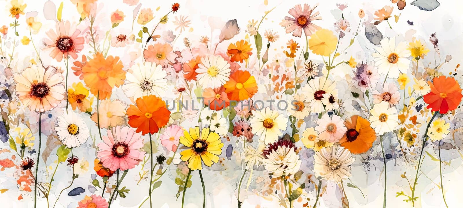 A field of yellow flowers with a white background. The flowers are in full bloom and the grass is tall. Concept of warmth and happiness, as the bright colors of the flowers