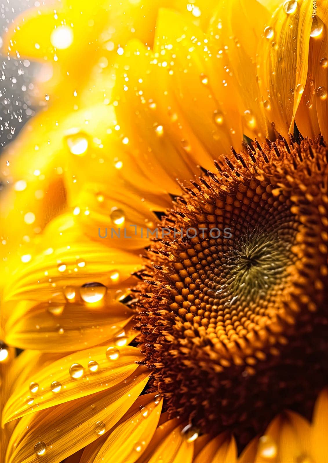 A close up of a yellow flower with water droplets on it. The droplets are scattered all over the flower, giving it a dreamy and ethereal appearance. The flower is the main focus of the image