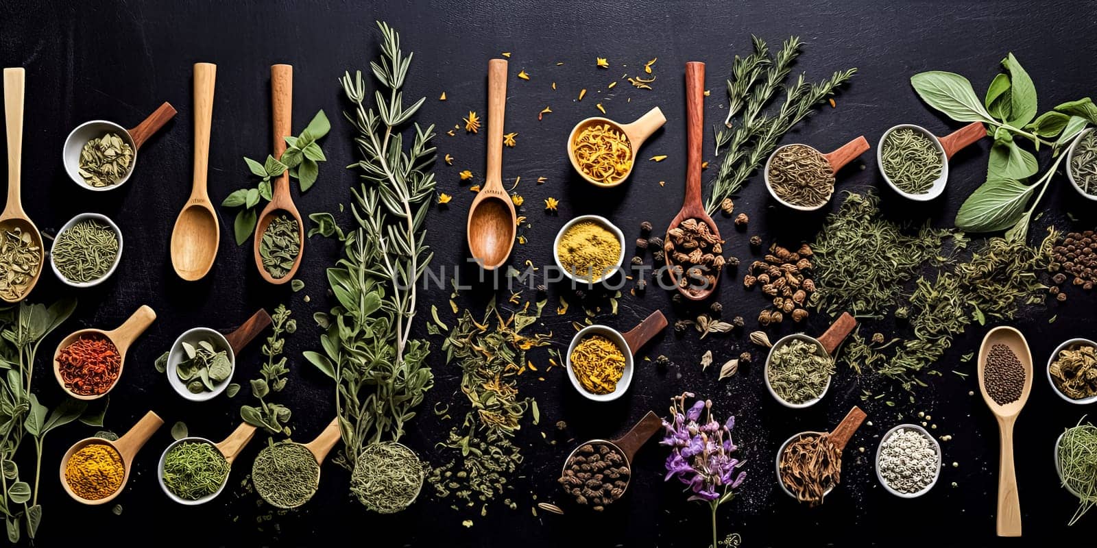A wooden table with a variety of spices and herbs in small bowls. The spices are arranged in a way that they are easy to access and use