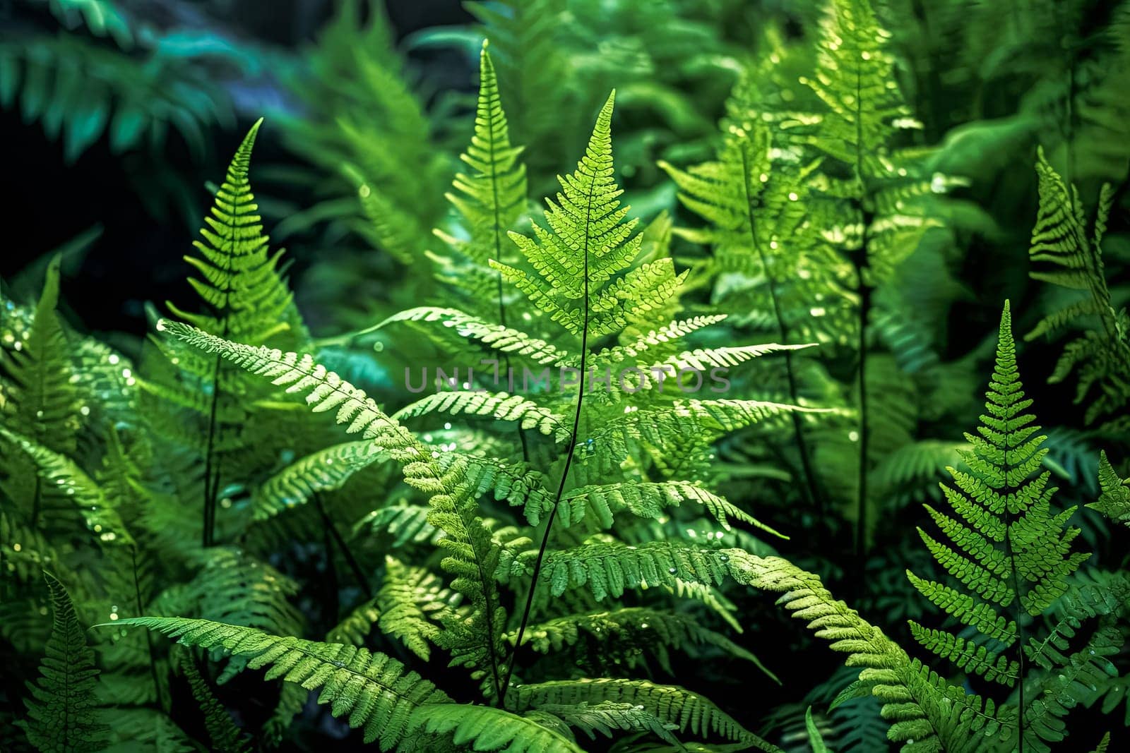 A lush, tropical jungle with a bright sun shining through the trees. The sunlight creates a warm, inviting atmosphere and highlights the vibrant green foliage. The scene is full of life and energy