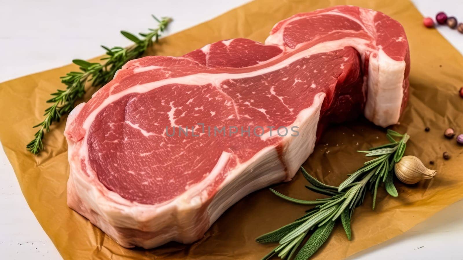 A large piece of meat is displayed on a brown paper with herbs and spices. The meat is cut into a wedge shape, and the herbs and spices are scattered around it. Concept of freshness and naturalness