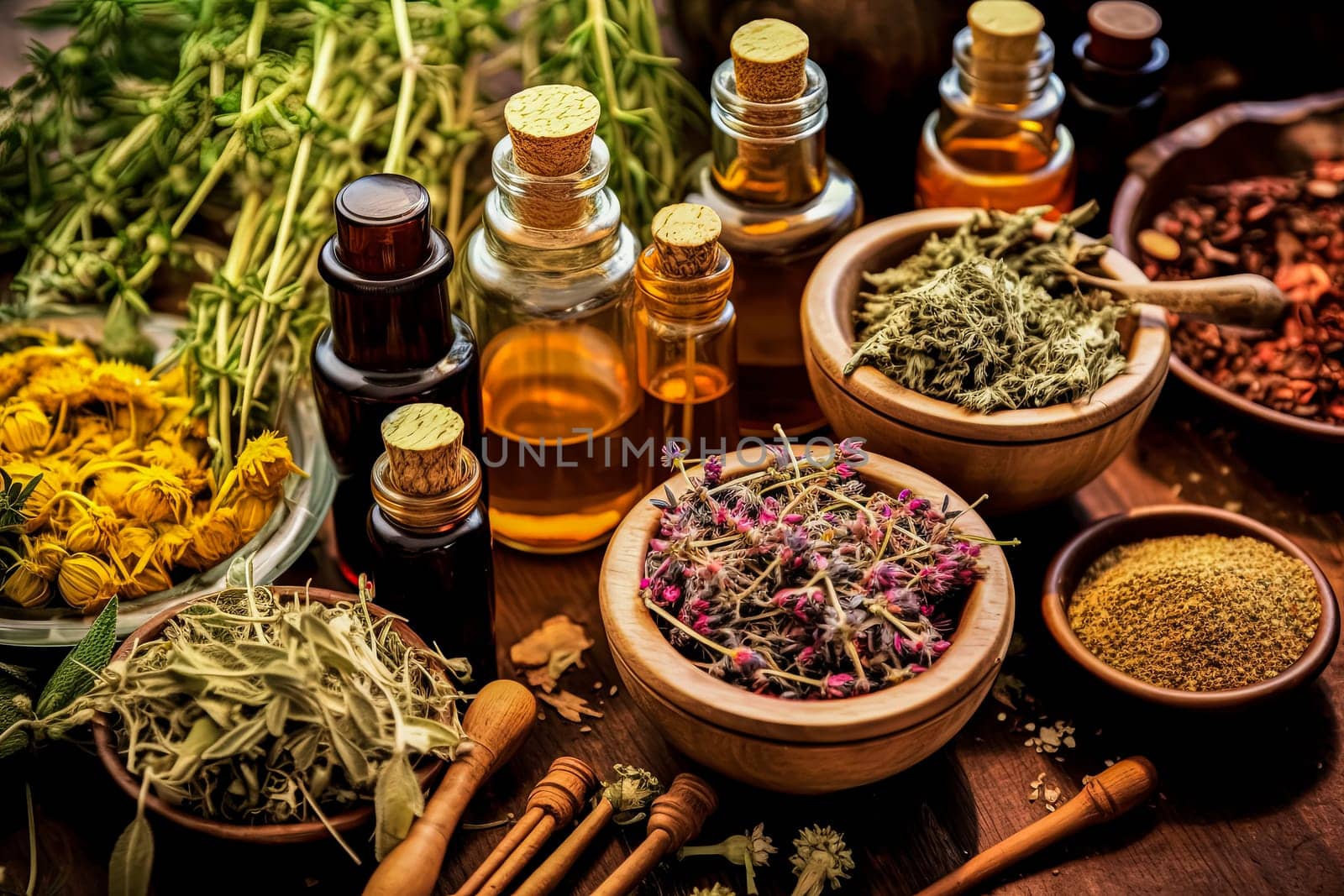 A table full of spices and herbs, including cinnamon, cumin, and pepper. The spices are arranged in small jars and bowls, and there is a spoon nearby. Concept of abundance and variety