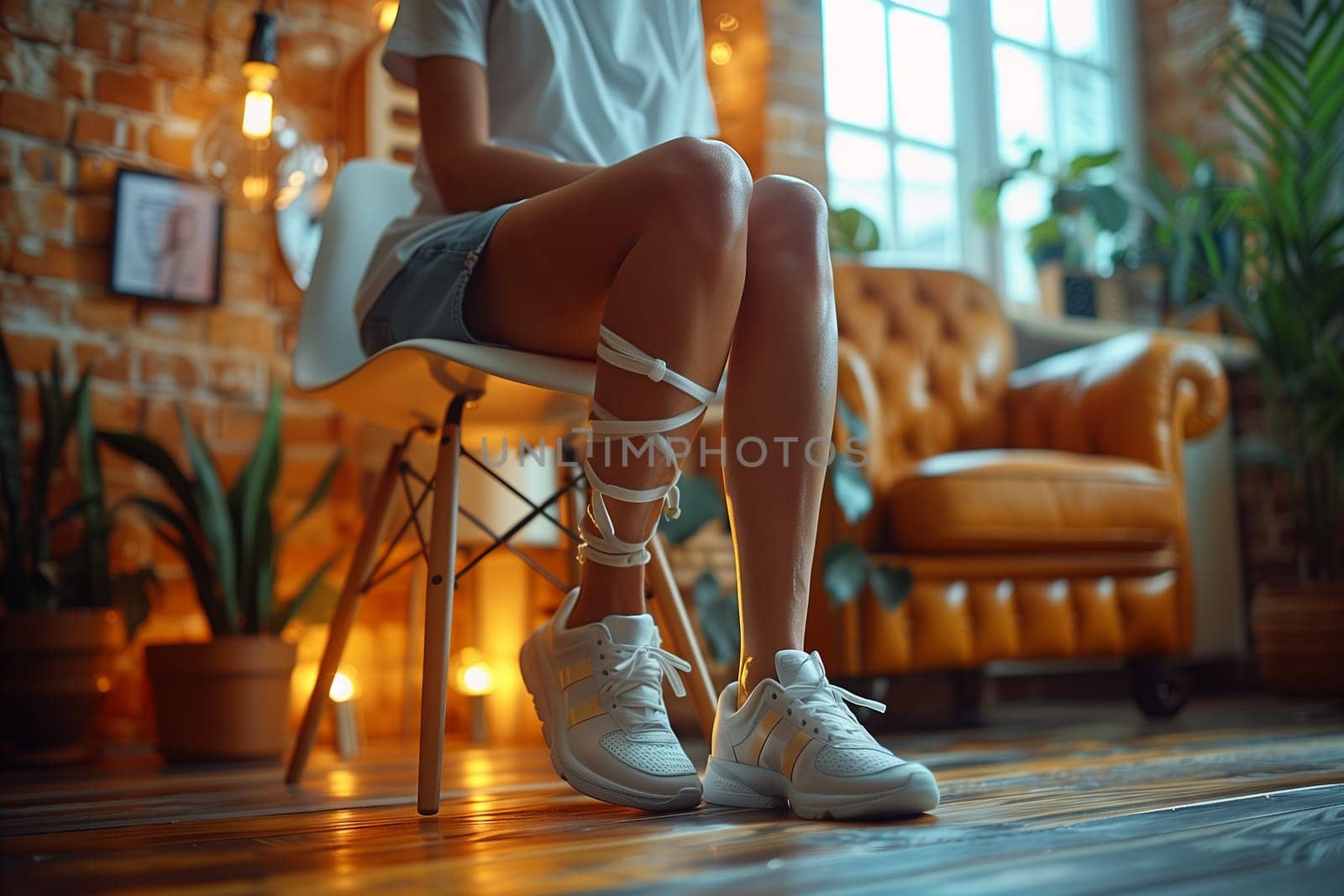 A woman is comfortably seated in a chair with her legs crossed, overlooking a window with a houseplant on the wood flooring, showcasing a modern interior design in a building