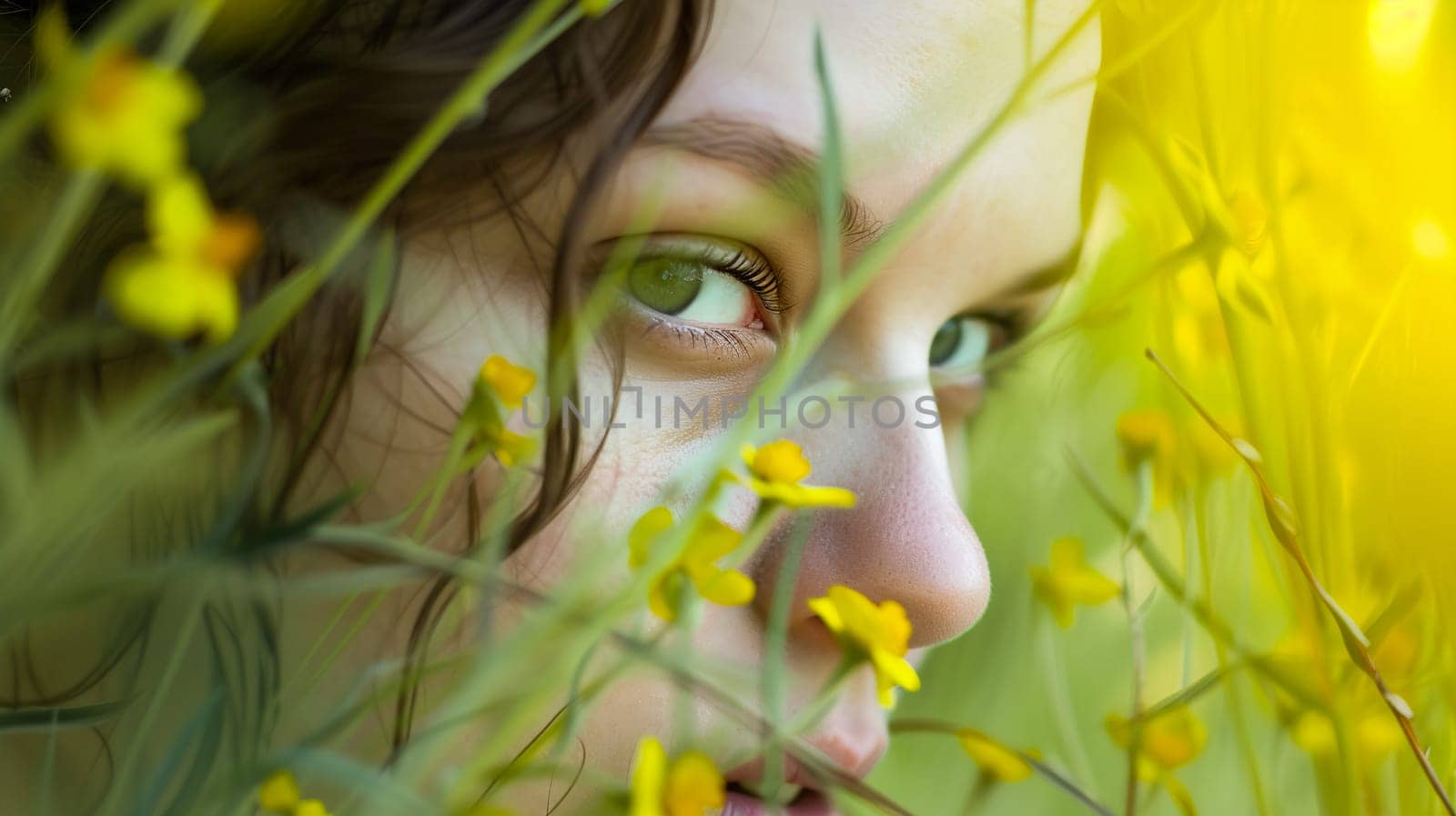 A woman with striking green eyes stands amidst a vibrant field of yellow flowers - Nature and spring background - Generative AI