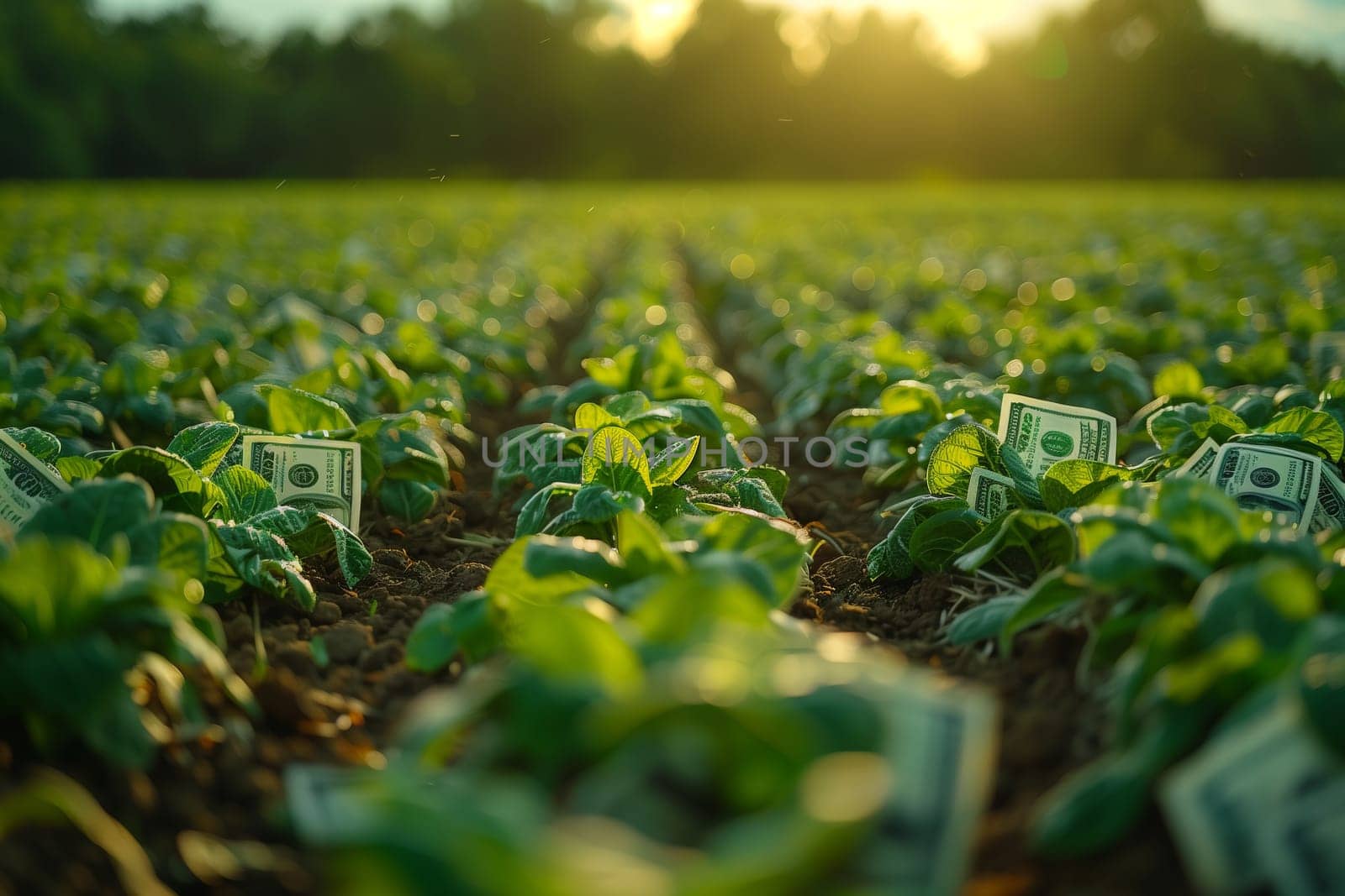 An agriculture field of terrestrial plants and grasses, including leafy vegetables and flowering plants, basking in sunlight with labels
