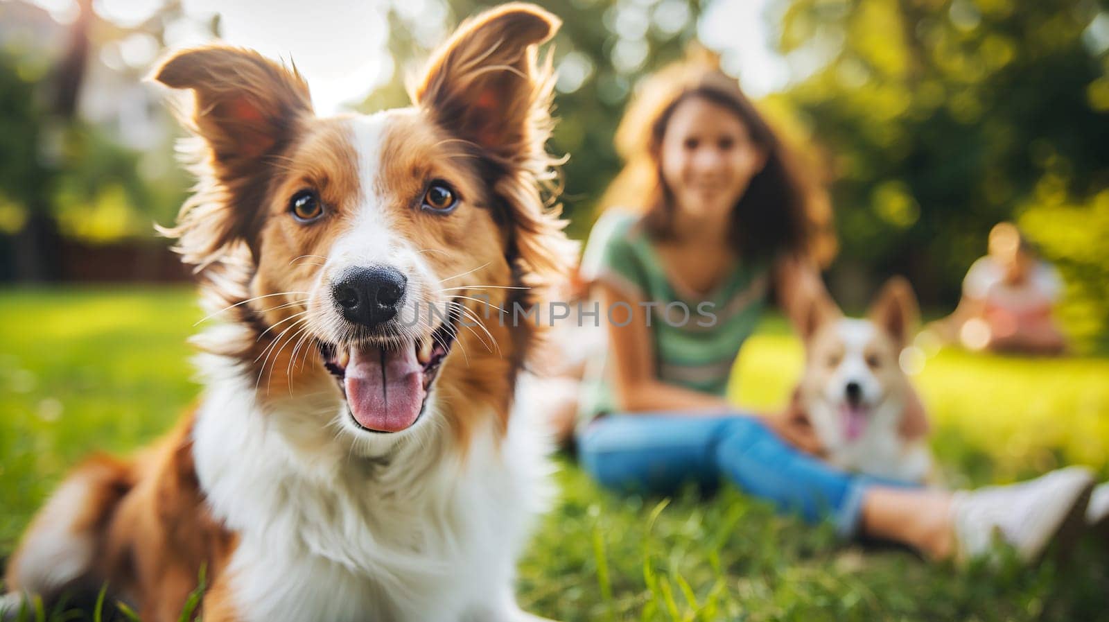A joyful Border Collie with a wide smile enjoys a sunny day at the park, while two people relax in the background, hinting at a pleasant family outing - Generative AI