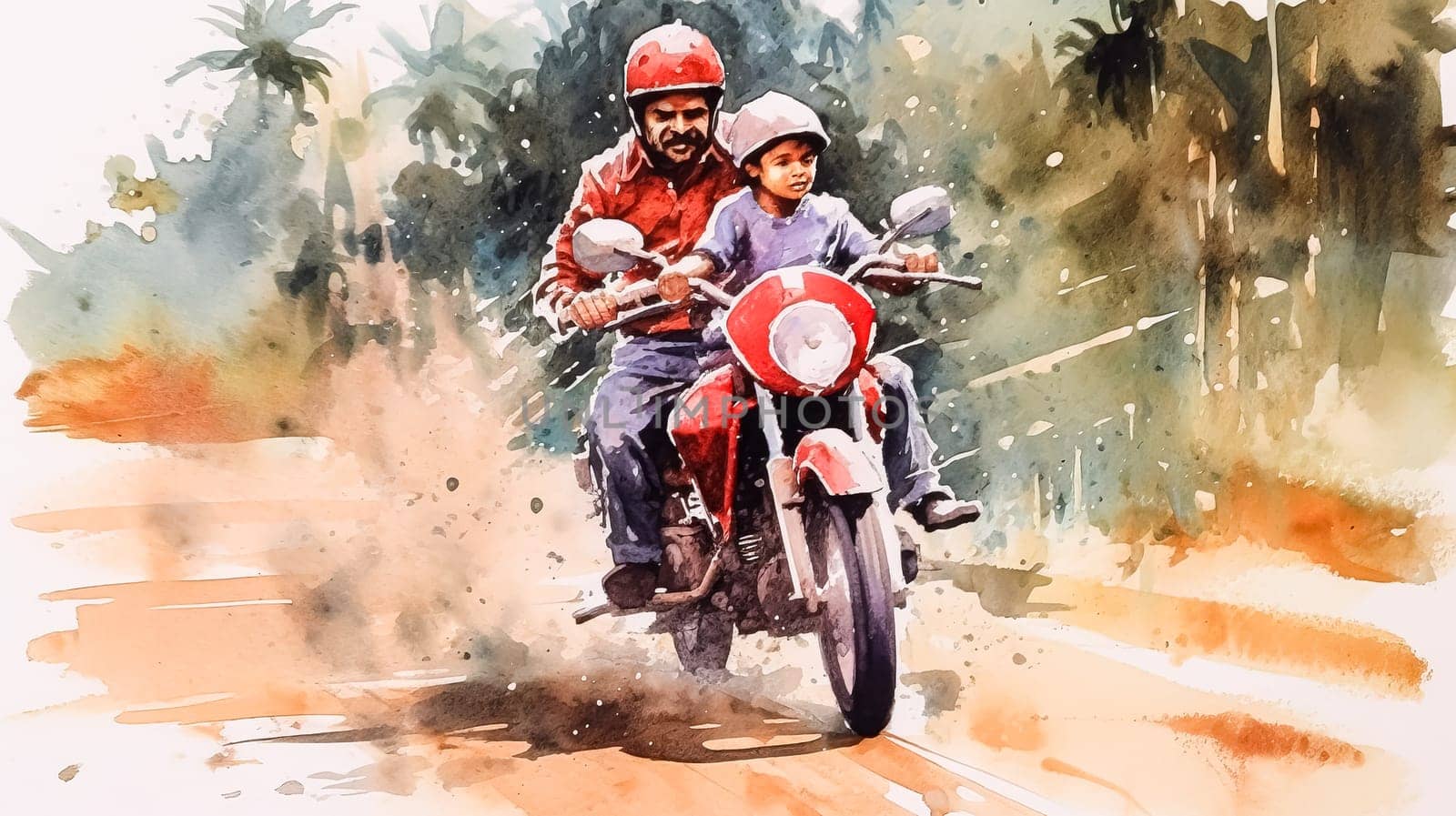 A man and a child are riding a motorcycle on a dirt road. The man is wearing a helmet and the child is wearing a helmet as well. happy father's day concept