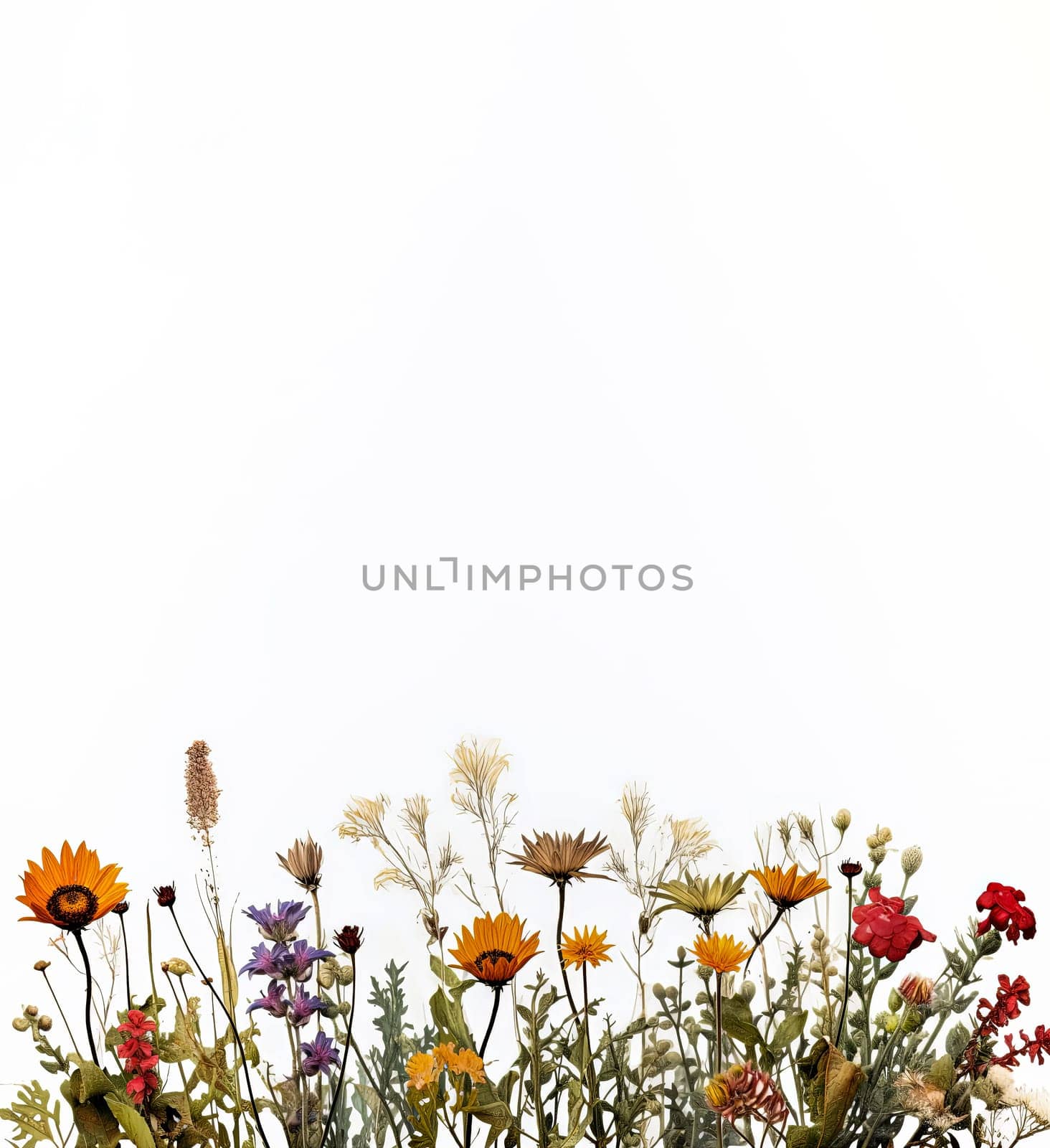 A field of yellow flowers with a white background. The flowers are in full bloom and the grass is tall. Concept of warmth and happiness, as the bright colors of the flowers