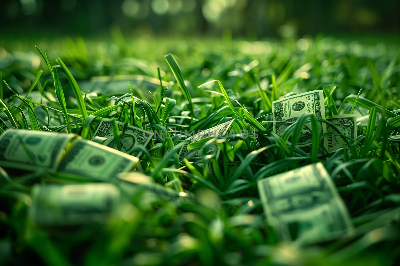 A stack of money is resting on the grassy ground, surrounded by terrestrial plants and people enjoying nature in a grassland setting
