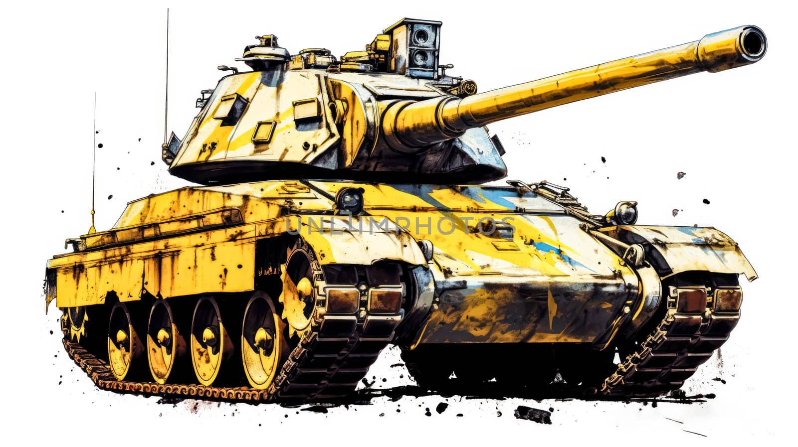 A military tank painted in yellow and white hues, featuring a bold black stripe, symbolizing its formidable presence on the battlefield.