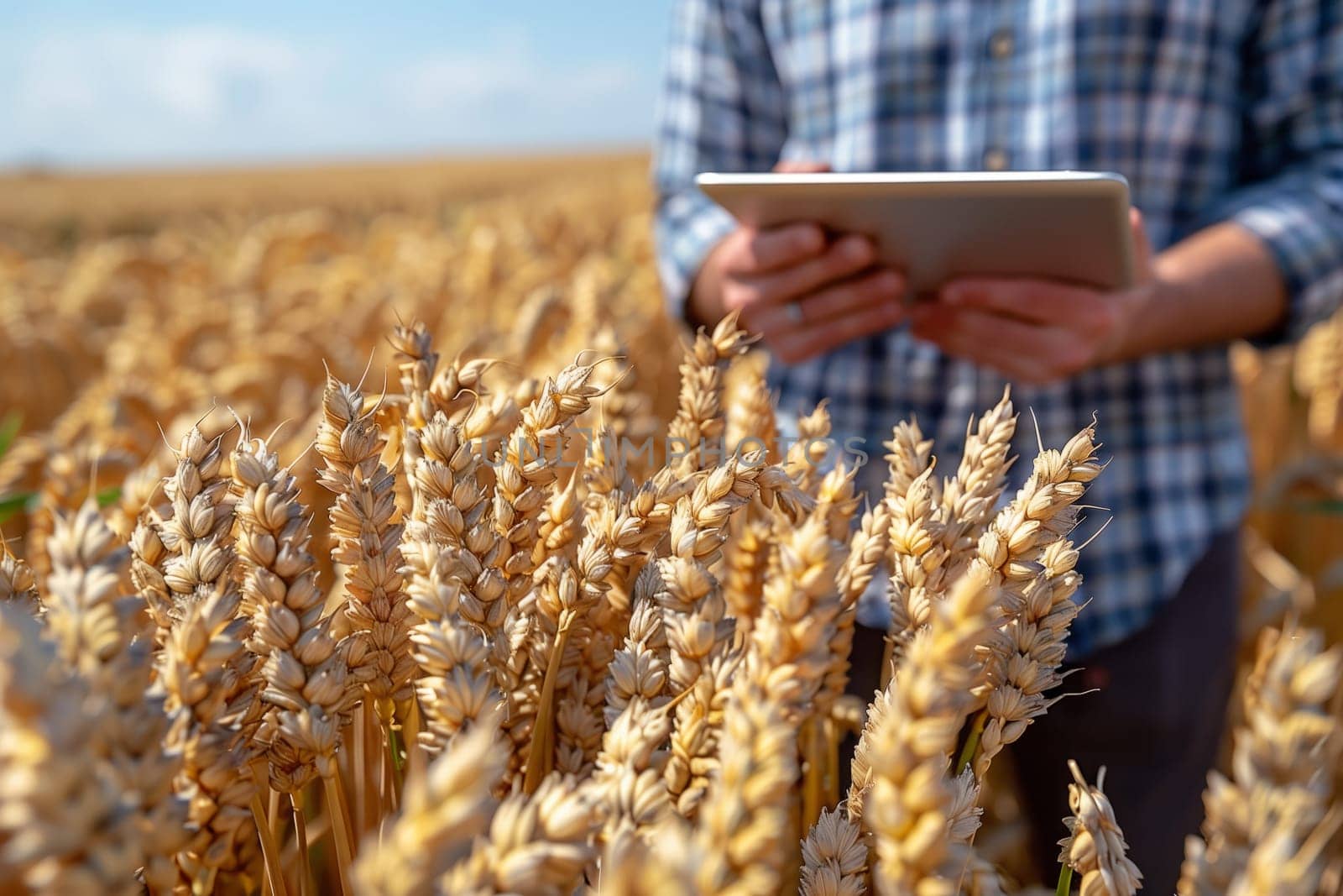 A man is standing in a field of wheat, holding a tablet. The wheat plants sway in the breeze under a blue sky, creating a picturesque scene of adaptation and communication device use in agriculture