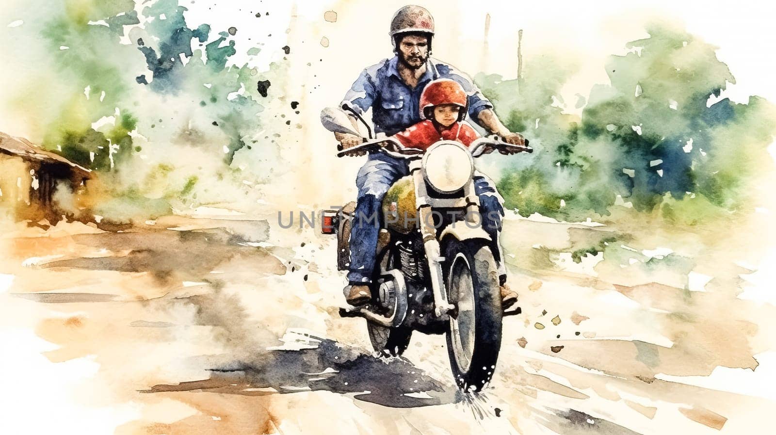 A man and a child are riding a motorcycle on a dirt road. The man is wearing a helmet and the child is wearing a helmet as well. happy father's day concept