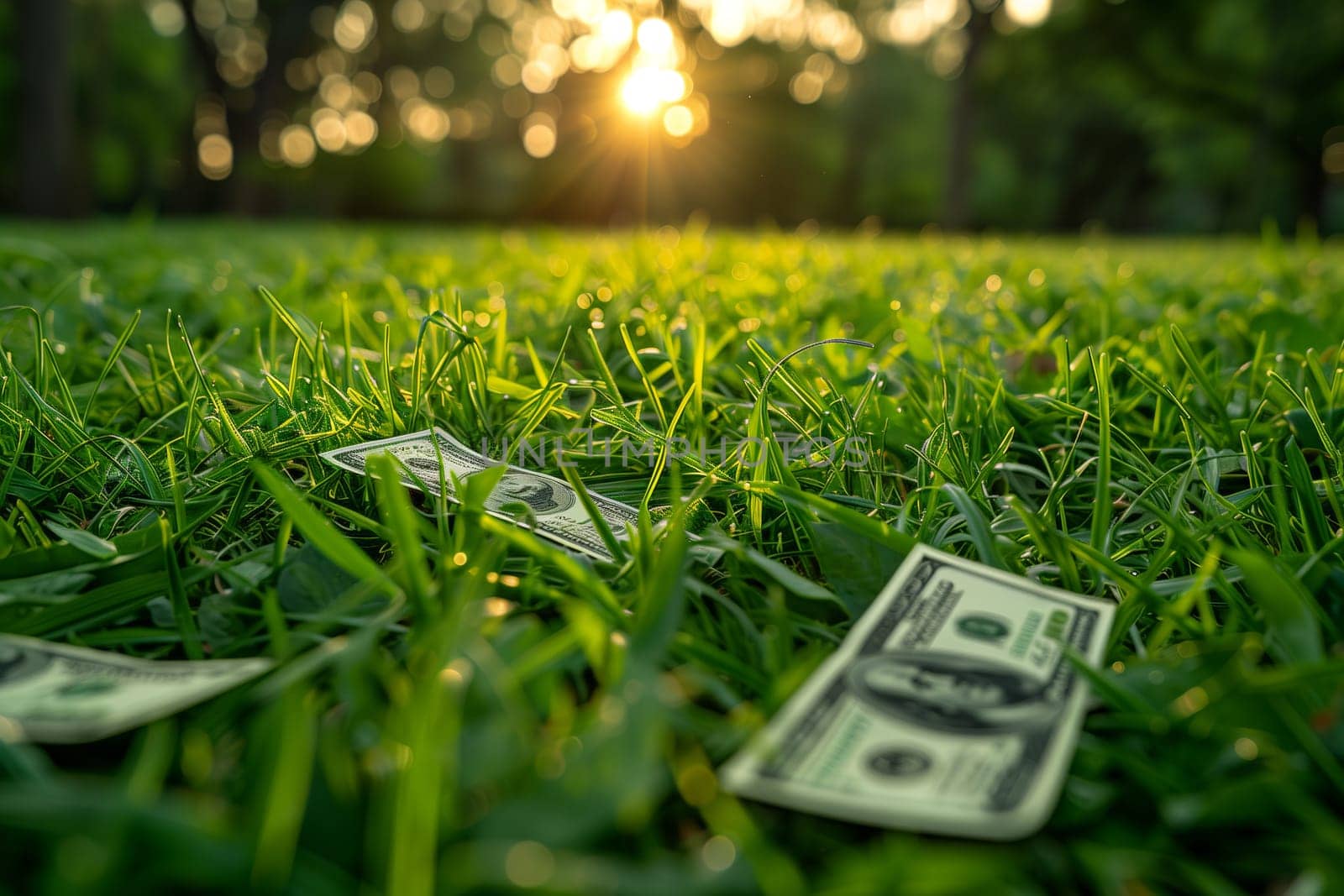 A dollar bill rests on a vibrant grassy field, surrounded by lush terrestrial plants, creating a beautiful natural landscape that invites people to enjoy the meadow and trees in the background