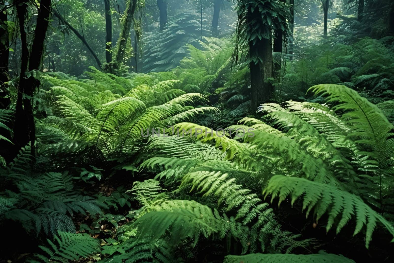 A lush, tropical jungle with a bright sun shining through the trees. The sunlight creates a warm, inviting atmosphere and highlights the vibrant green foliage. The scene is full of life and energy