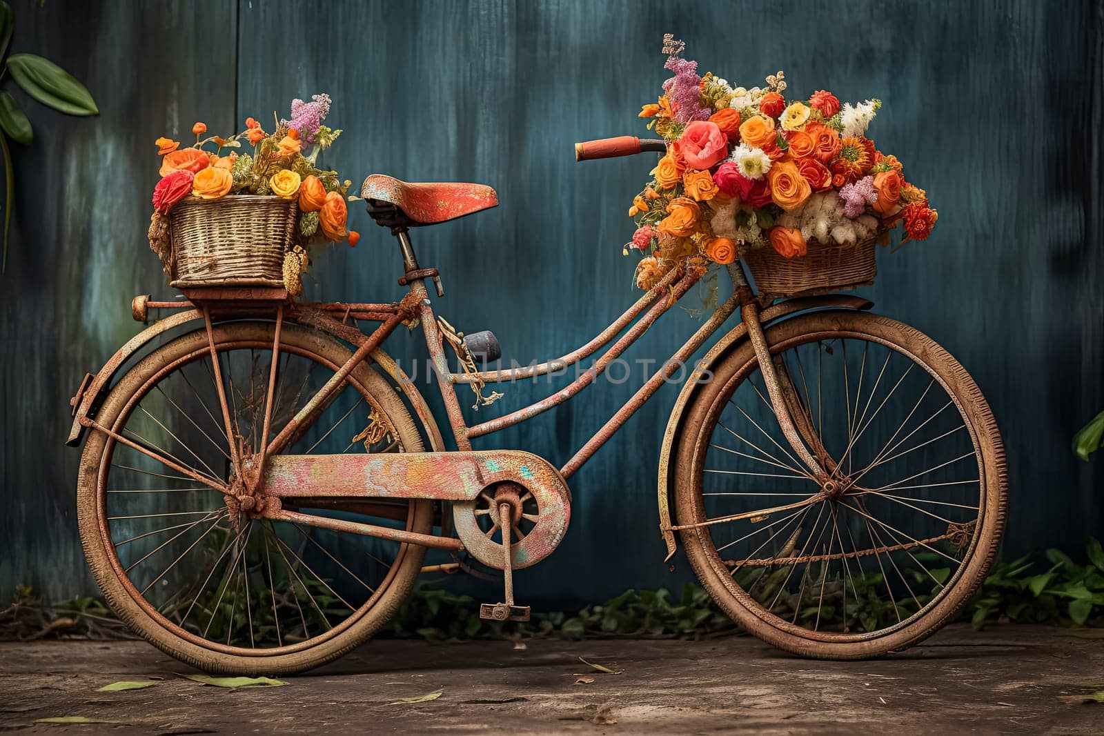 A bicycle with a basket full of flowers on it. The bike is on a blue wall