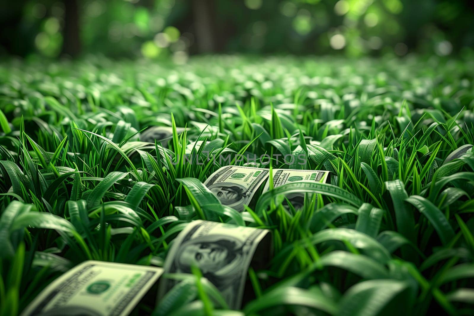 Green money is growing on the ground as a plant in a field, part of the grass family and natural landscape, serving as a groundcover in agriculture