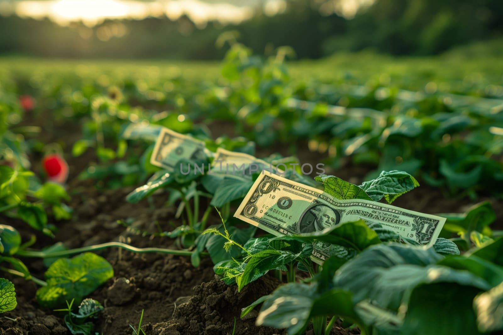 A field filled with plants sprouting money, creating a unique natural landscape of financial abundance. The ground is covered with grass and leaves, resembling a thriving terrestrial plant garden