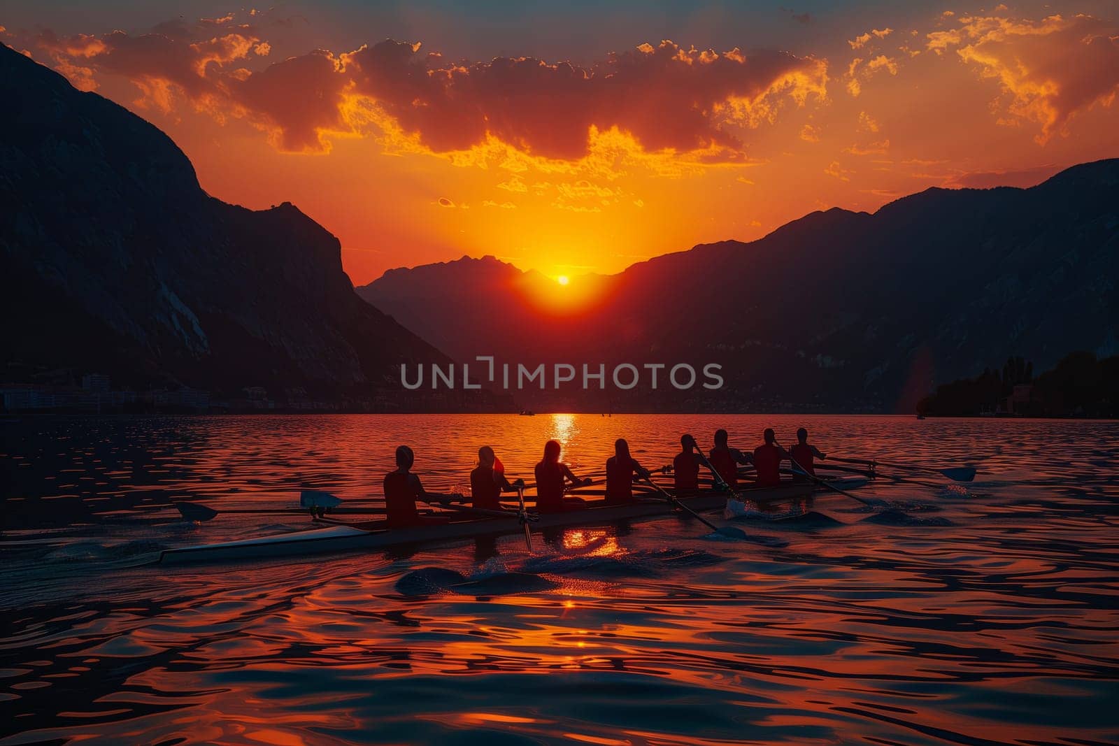 A group of people are rowing a boat on a lake at dusk, surrounded by the natural landscape of mountains and a colorful sunset in the highland ecoregion