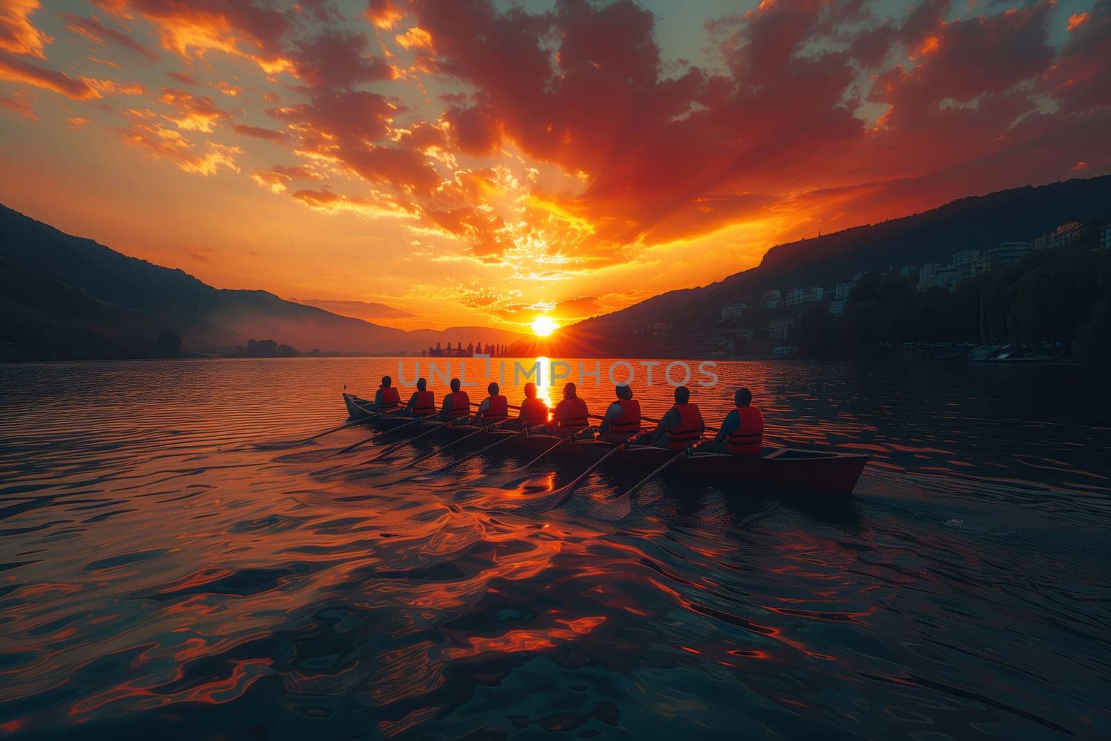 A group of individuals are paddling a boat on the tranquil lake at dusk, surrounded by colorful clouds and the fading light of the sunset