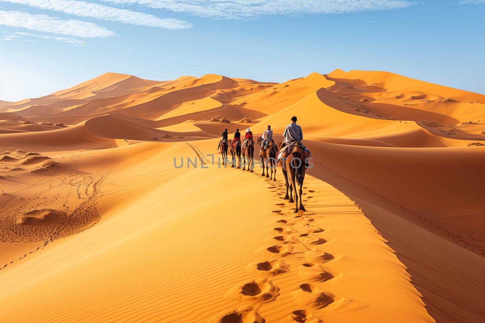 A group of travelers are journeying on camels through the vast desert landscape, with the sky filled with clouds painting a beautiful horizon