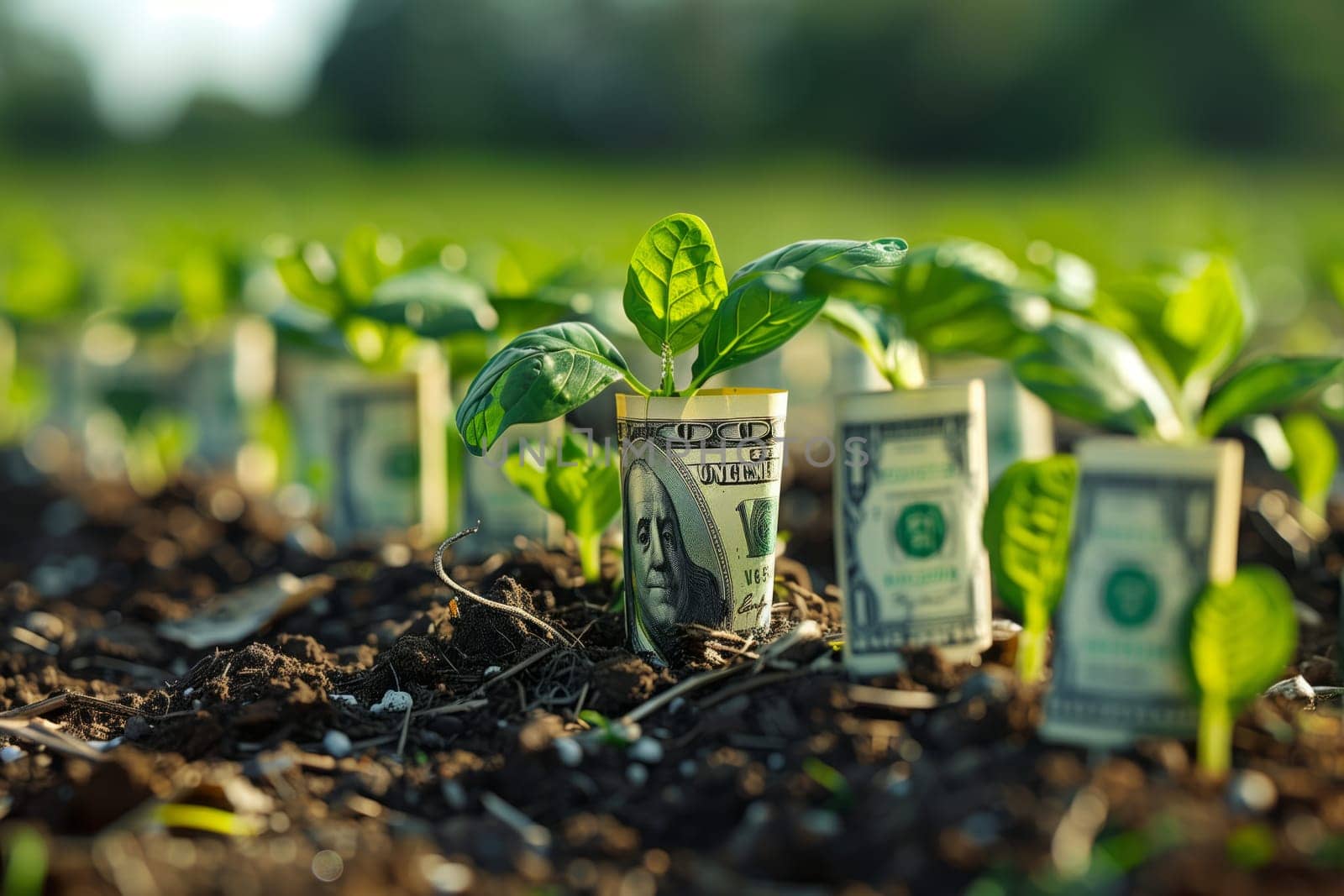 A plant in the natural environment is sprouting money from the ground, blending with the grass and creating a unique landscape in this agricultural event