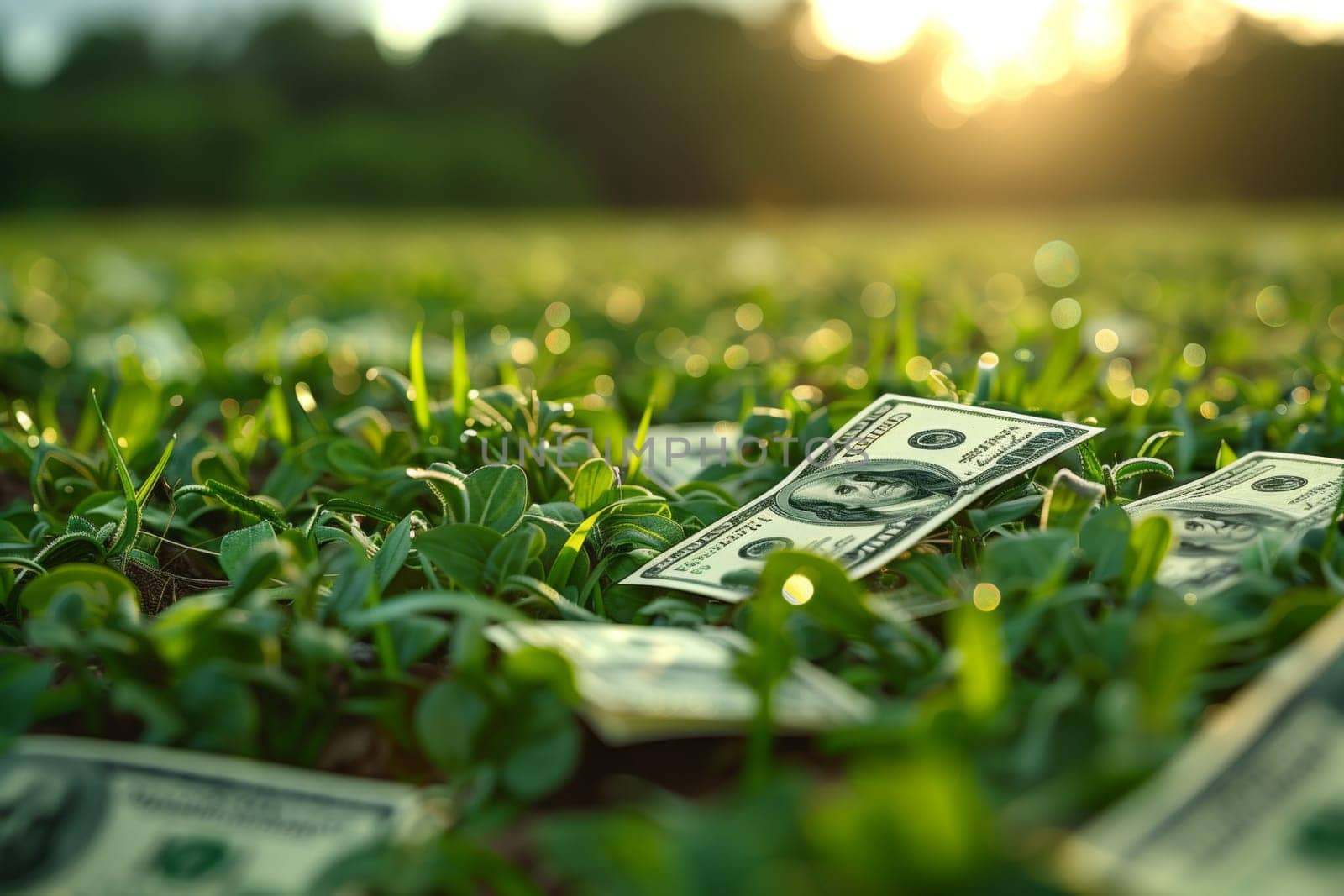 A substantial amount of money scattered across a vibrant green field, blending in with the lush grass and natural landscape of the rural area