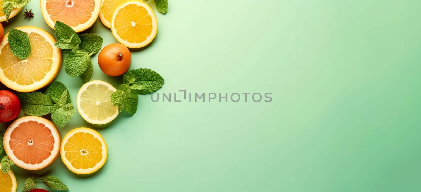 A green background with a variety of citrus fruits including oranges and grapefruit. The fruits are arranged in a circle, with some overlapping and others placed in a more scattered manner