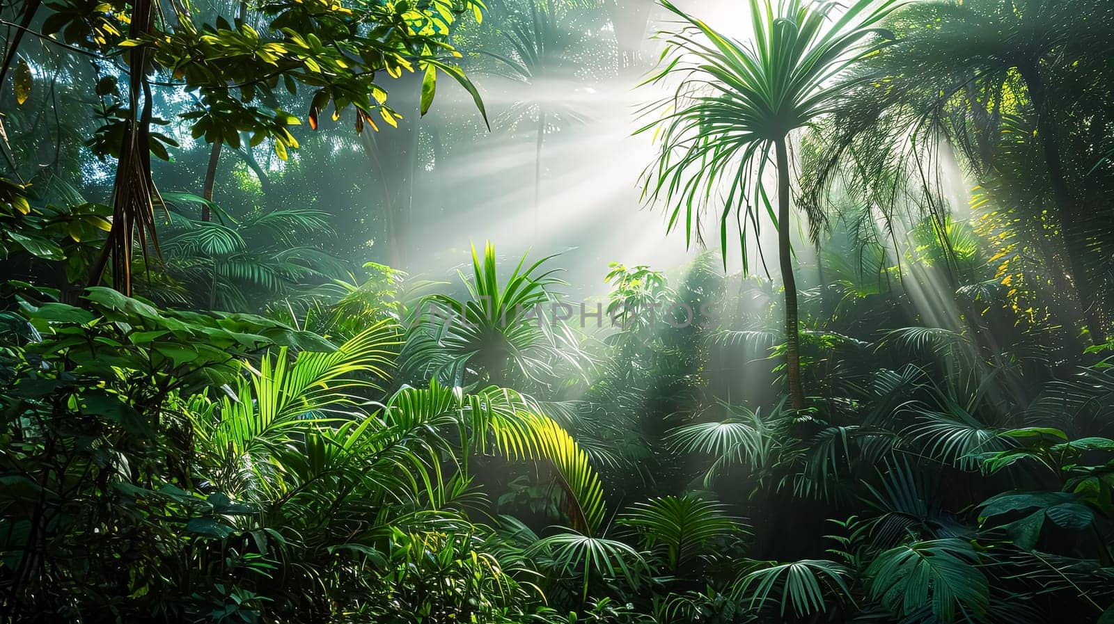 A lush, tropical jungle with a bright sun shining through the trees. The sunlight creates a warm, inviting atmosphere and highlights the vibrant green foliage. The scene is full of life and energy