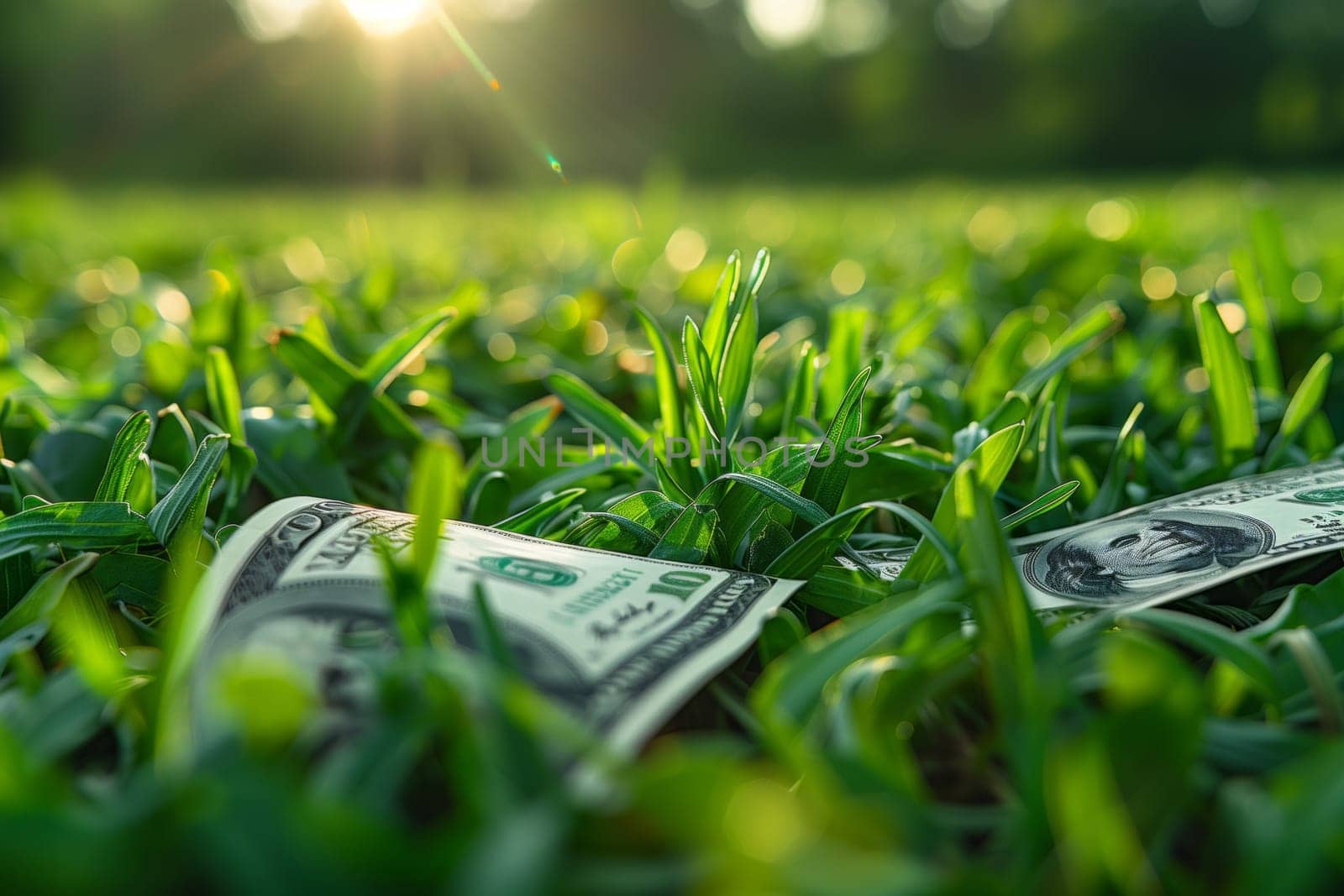 A dollar bill is seen lying in the grass among terrestrial plants in a grassland landscape, surrounded by the morning sunlight and natural groundcover