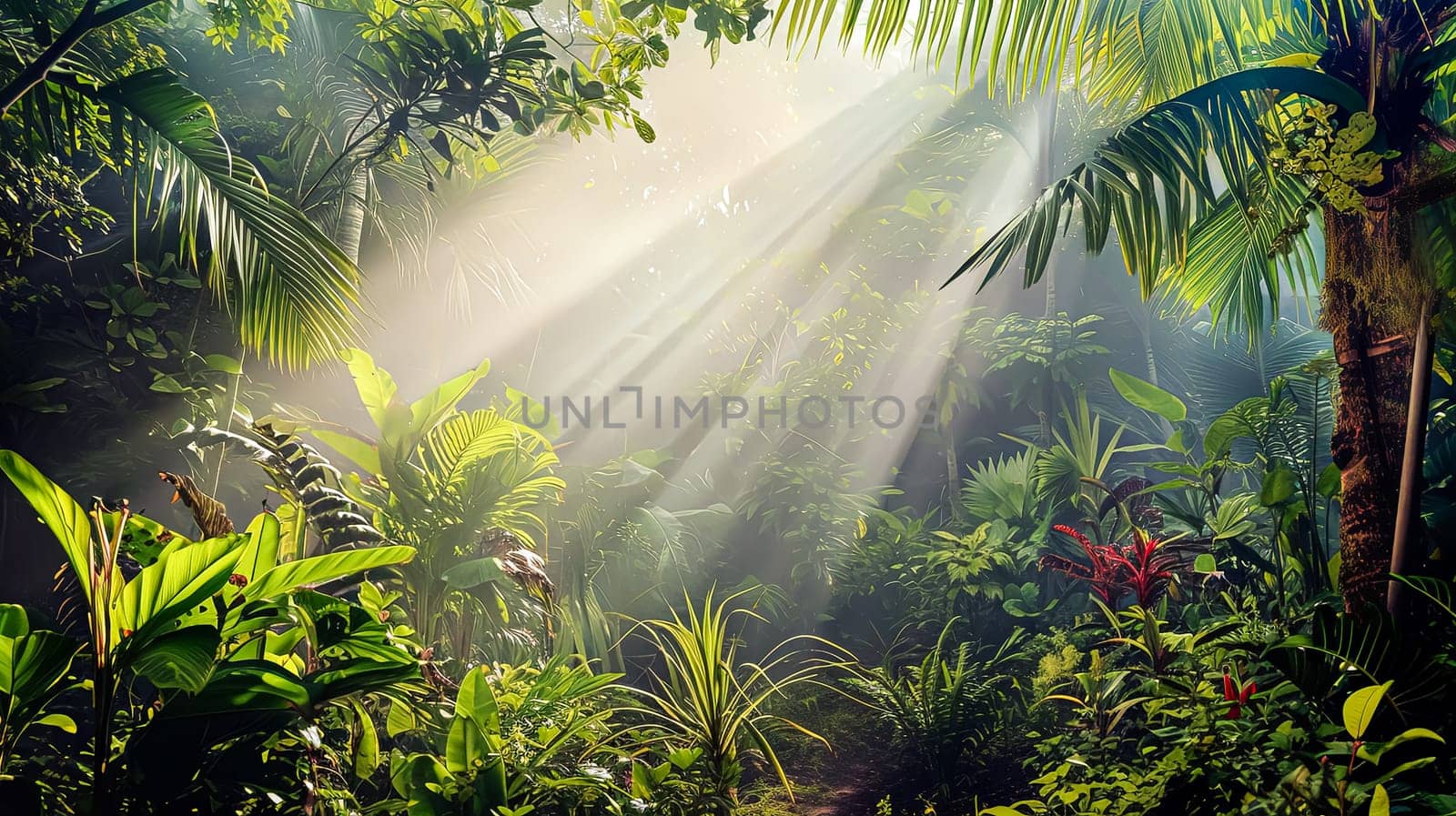 A lush, tropical jungle with a bright sun shining through the trees. The sunlight creates a warm, inviting atmosphere and highlights the vibrant green foliage. The scene is full of life and energy