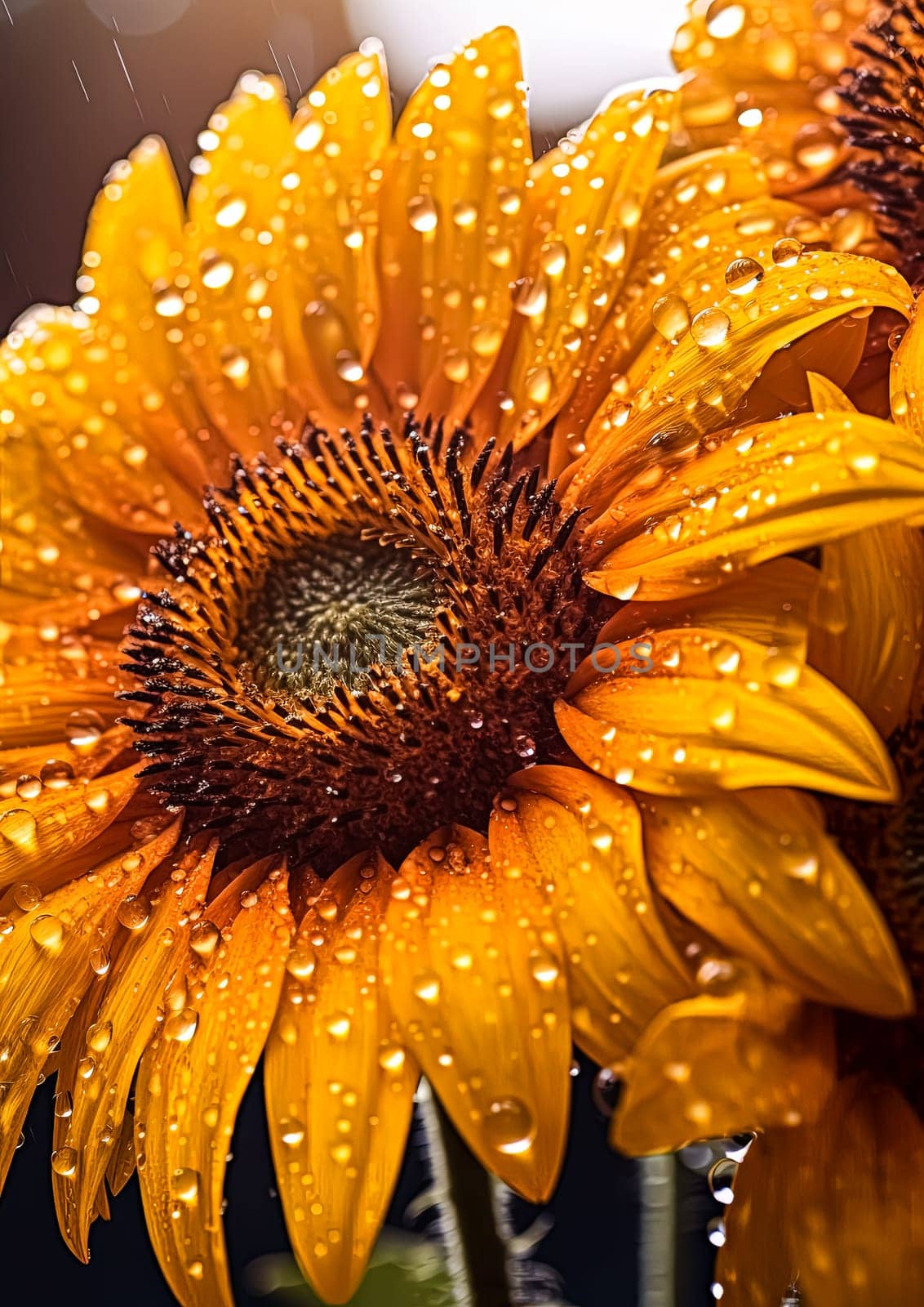 A close up of a yellow flower with water droplets on it. The droplets are scattered all over the flower, giving it a dreamy and ethereal appearance. The flower is the main focus of the image