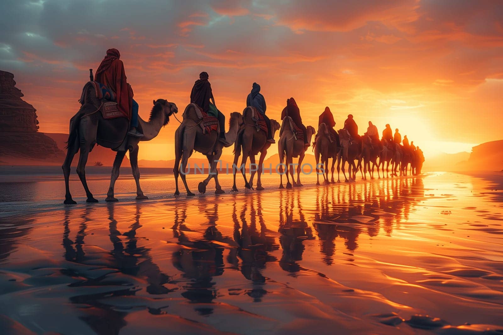 A group of individuals enjoying a camel ride along the beach at dusk, surrounded by the beautiful natural landscape of water, sky, clouds, and the stunning afterglow of the sunset