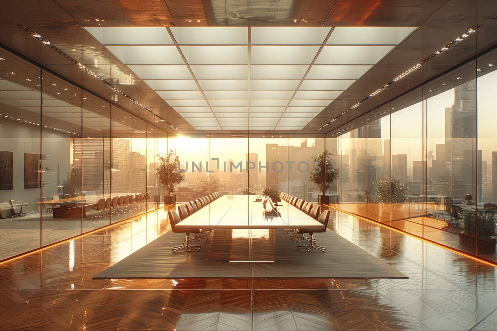 A conference room in a building with hardwood flooring, a long wood table, and plenty of windows offering natural light and views of the facade