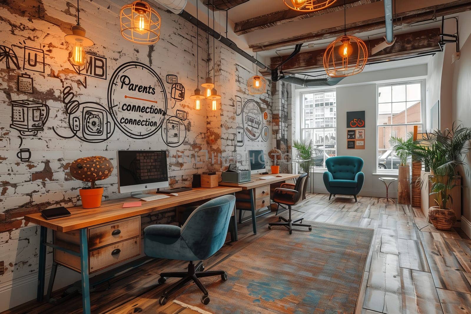 A modern office interior design features a brick wall, wooden desks and chairs, with computers on each desk. The space is accentuated with plants, large windows, and a sleek wooden floor