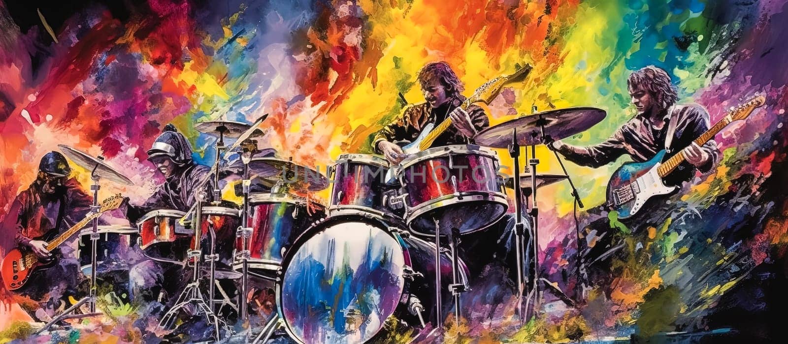 A painting of a band playing with colorful drums and guitars. The mood of the painting is energetic and lively, as the band members are fully engaged in their performance