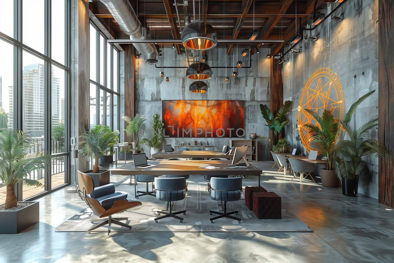 The building features a spacious interior design with numerous windows and plantfilled corners, creating a vibrant and welcoming atmosphere