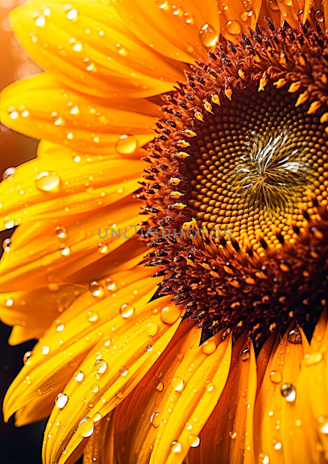 A close up of a yellow flower with water droplets on it. The droplets are scattered all over the flower, giving it a dreamy and ethereal appearance. The flower is the main focus of the image