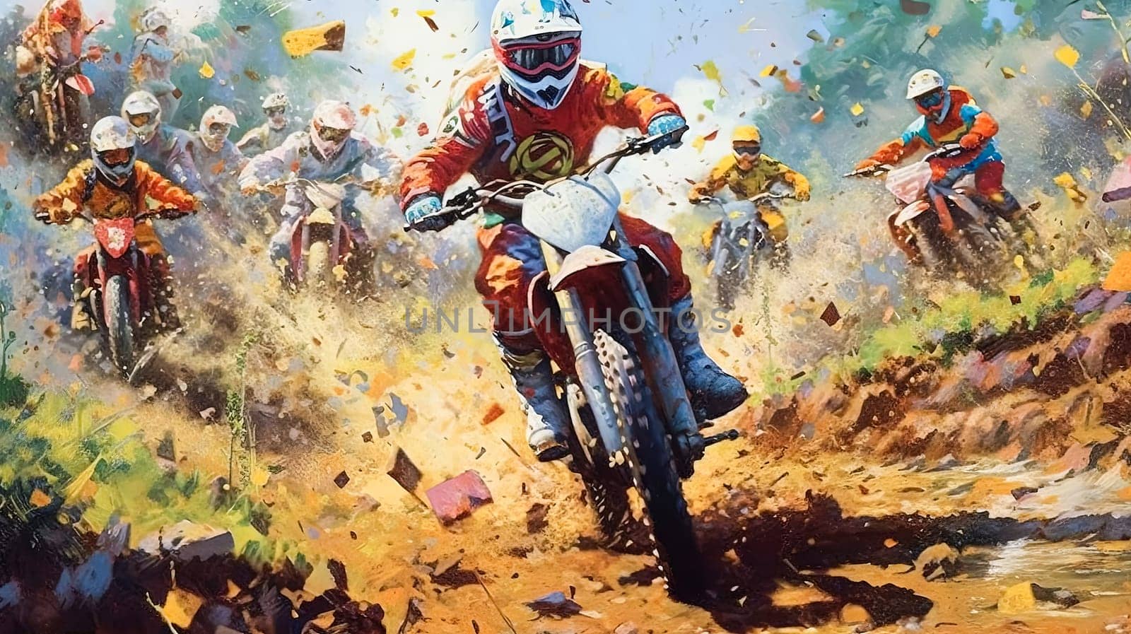 A man is riding a dirt bike through a field of colorful balloons. The scene is lively and fun, with the balloons adding a festive touch to the image