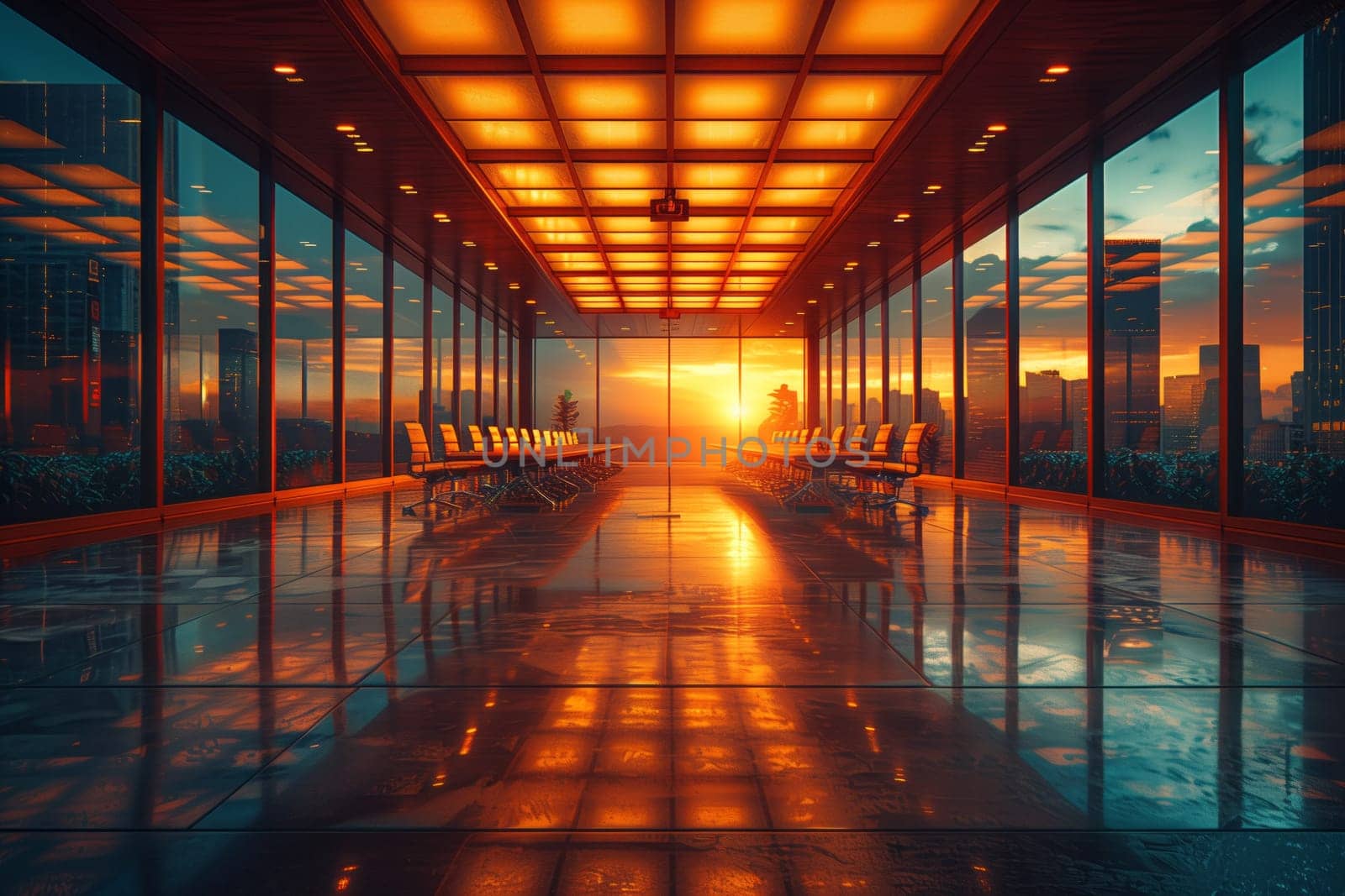 A symmetrical hallway with large rectangular windows showcasing a sunset, casting tints and shades onto the metal ceiling, creating a reflection of the city lights and electricity
