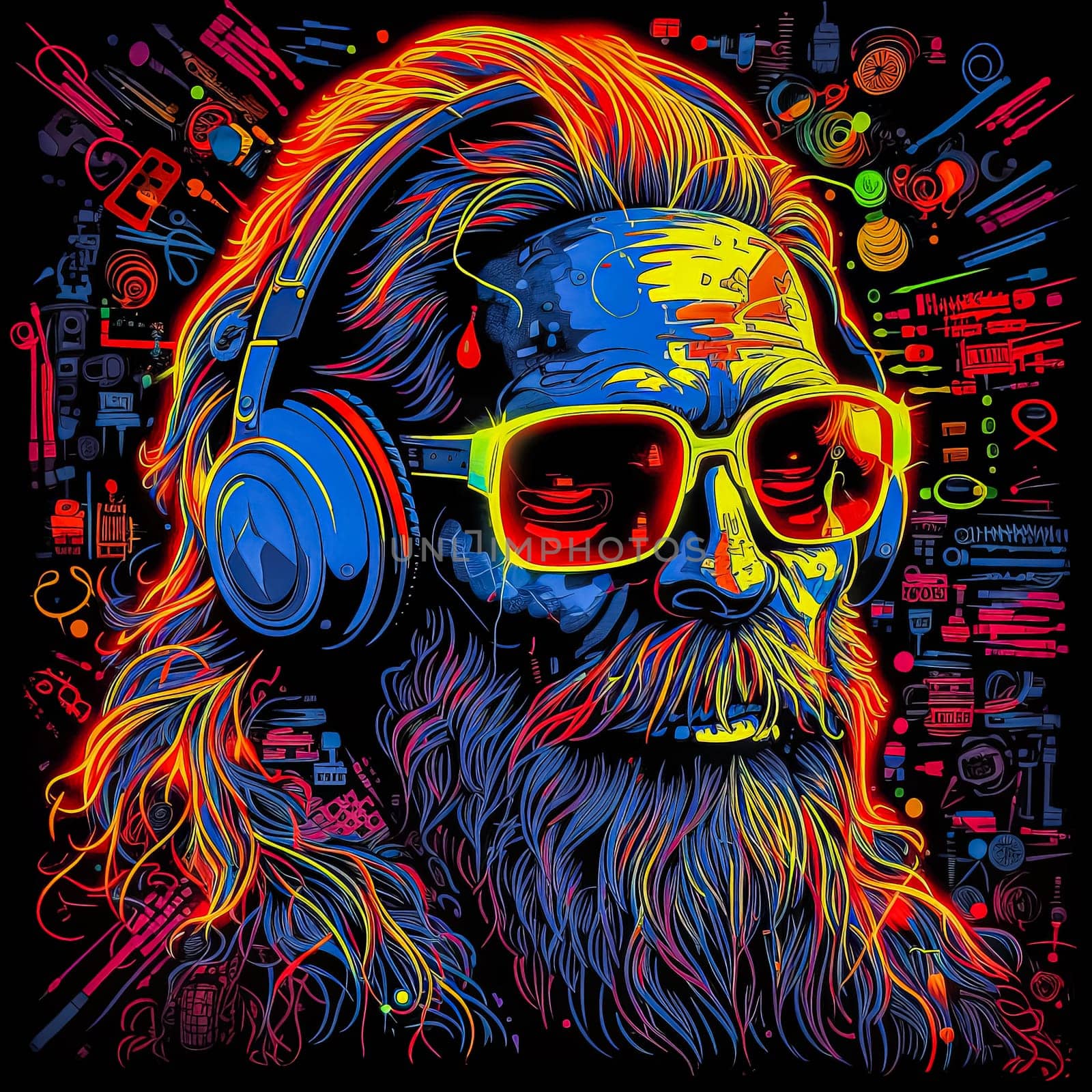 A man with a beard and sunglasses is wearing headphones. The image has a cool, futuristic vibe