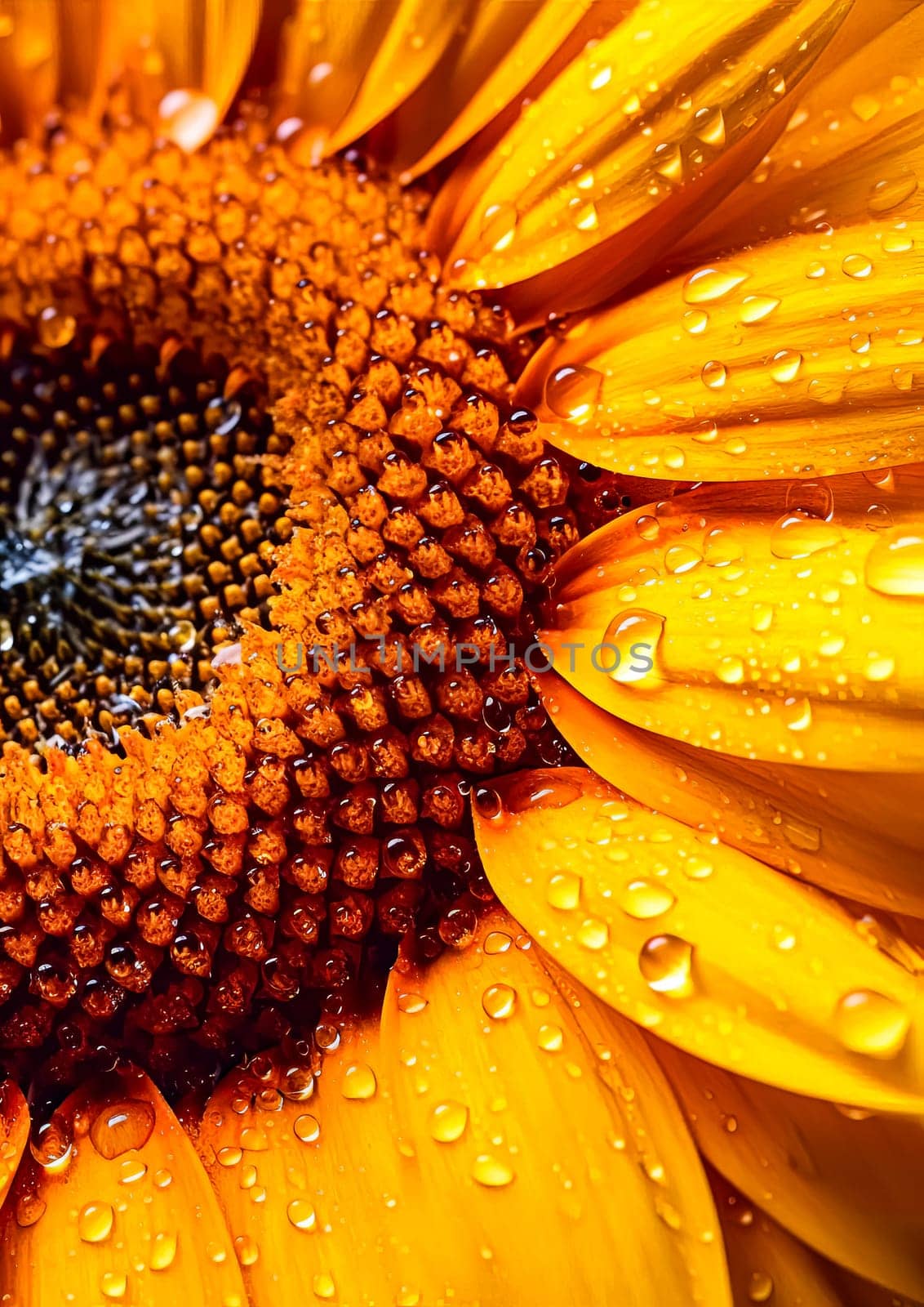 A close up of a yellow flower with water droplets on it. The droplets are scattered all over the flower, giving it a dreamy and ethereal appearance. The flower is the main focus of the image