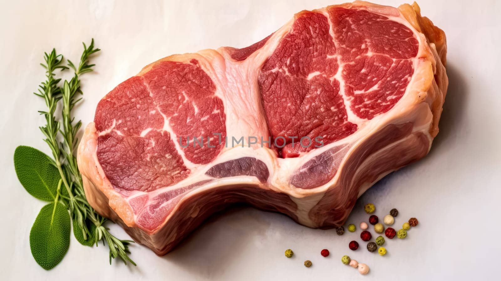 A large piece of meat is displayed on a brown paper with herbs and spices. The meat is cut into a wedge shape, and the herbs and spices are scattered around it. Concept of freshness and naturalness