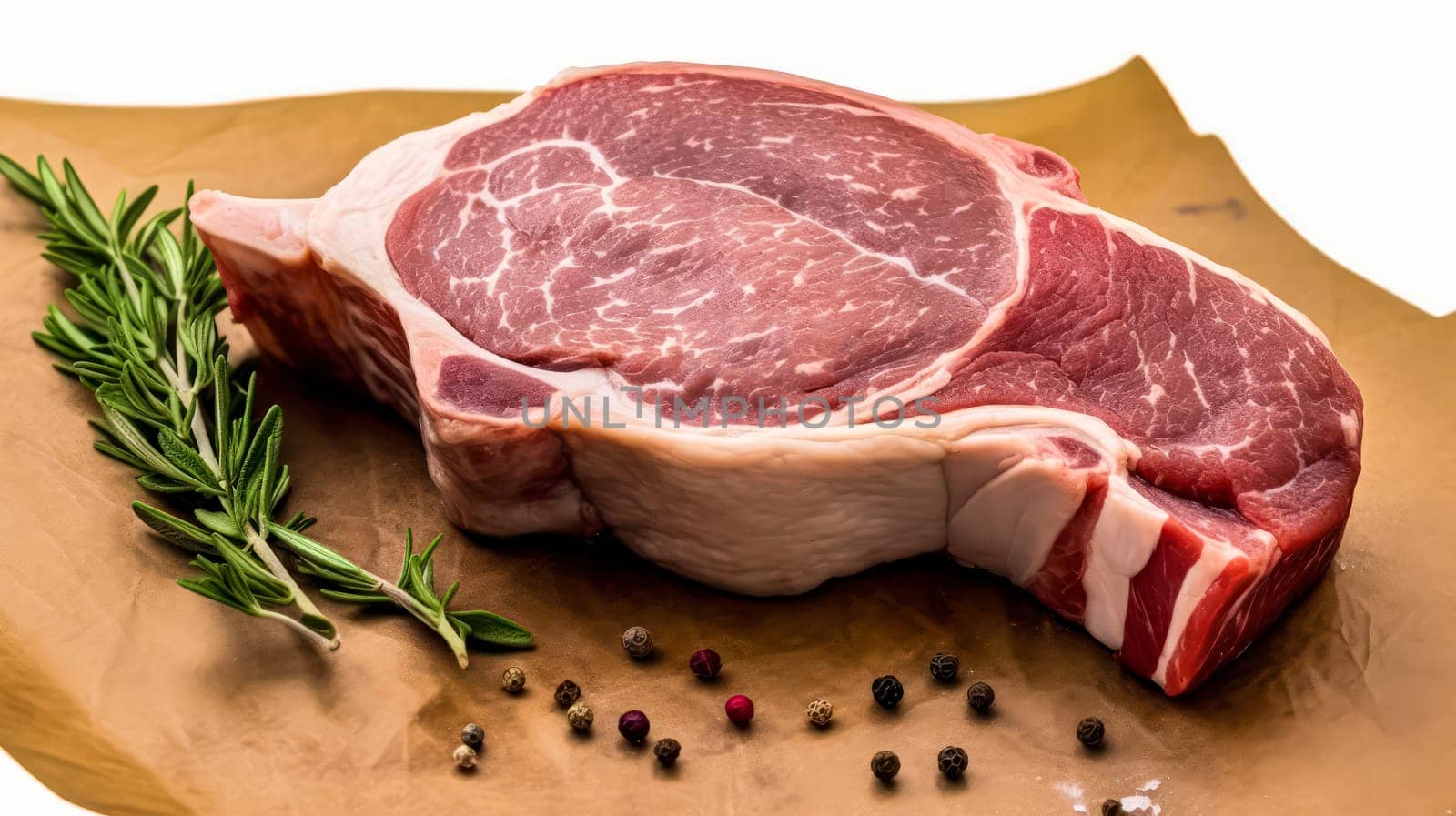 A large piece of meat is displayed on a brown paper with herbs and spices. The meat is cut into a wedge shape, and the herbs and spices are scattered around it. Concept of freshness and naturalness