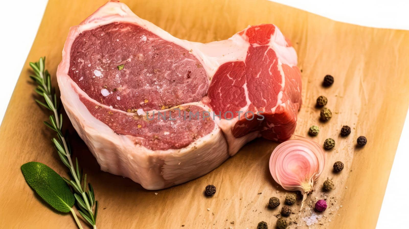A large piece of meat is displayed on a brown paper with herbs and spices. The meat is cut into a wedge shape, and the herbs and spices are scattered around it. Concept of freshness and naturalness