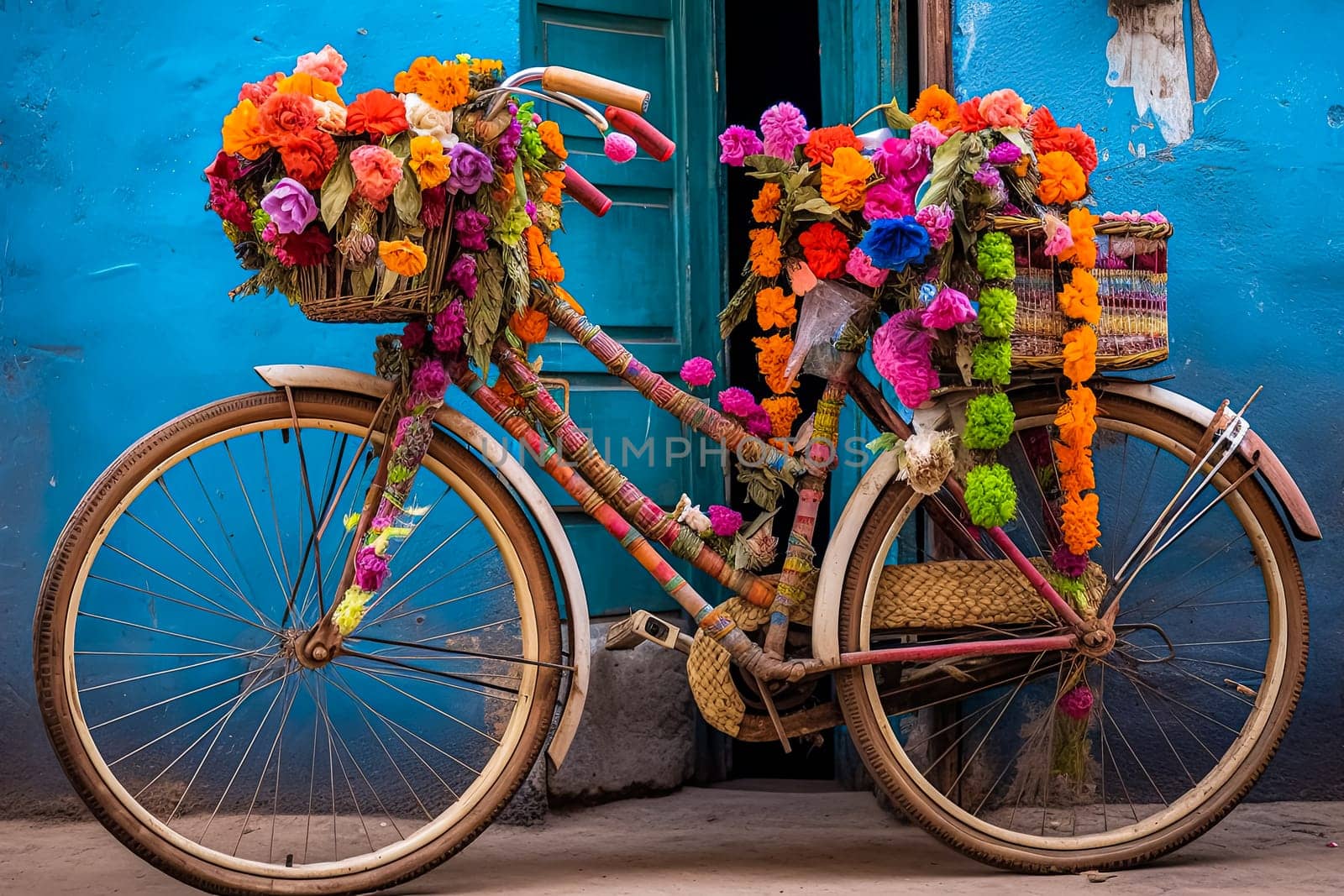 A bicycle with a basket full of flowers on it. The bike is on a blue wall