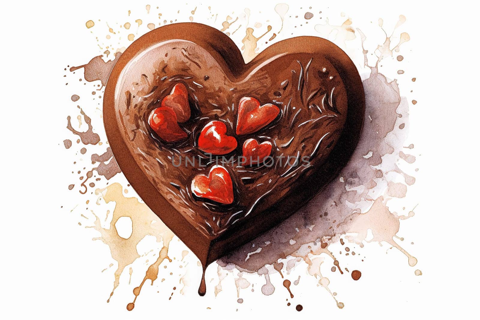 A heart made of strawberries, blueberries, and chocolate. The heart is surrounded by a white background