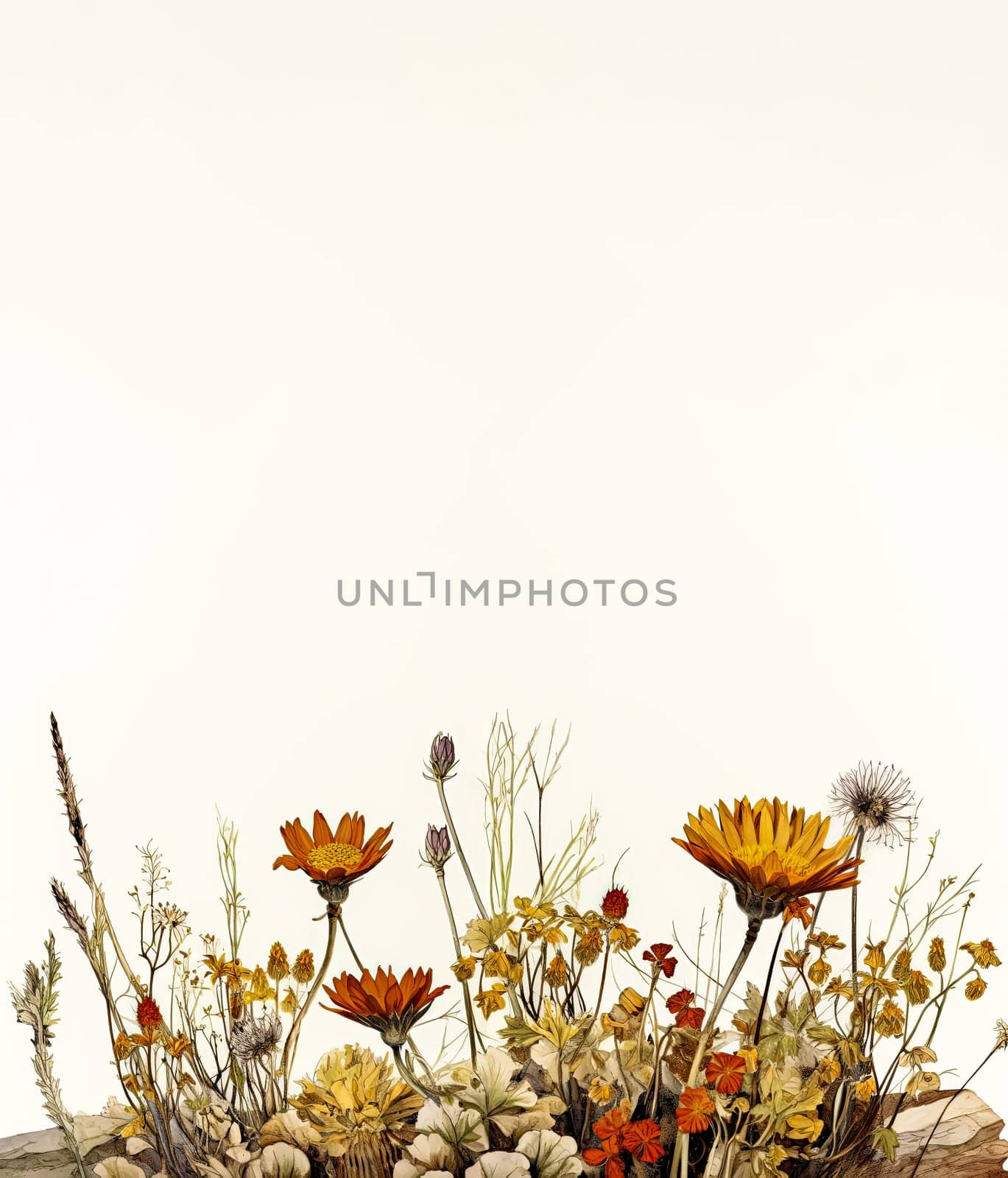 A field of yellow flowers with a white background. by Alla_Morozova93