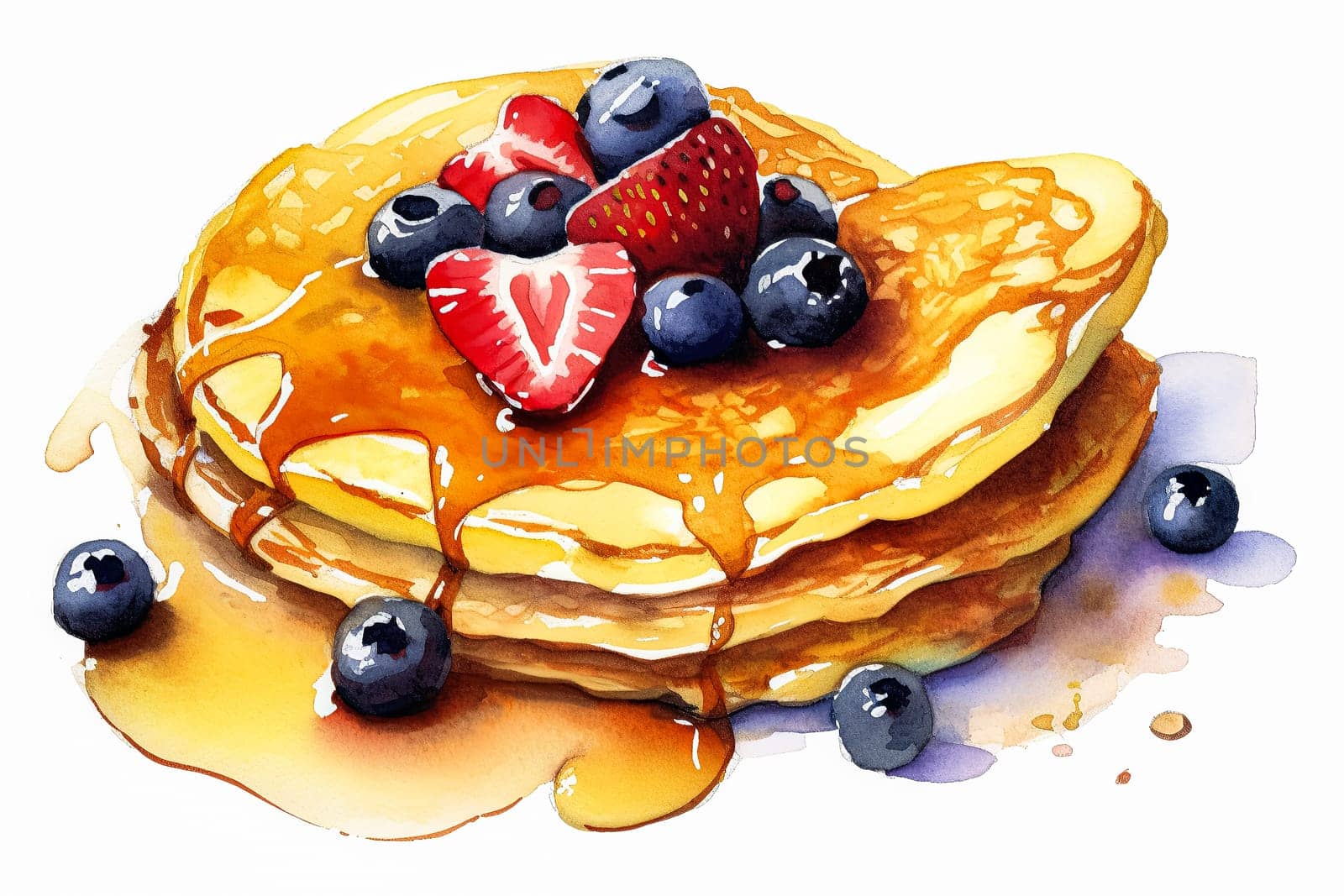 A stack of pancakes with blueberries and strawberries on top. The pancakes are drizzled with syrup and the fruit is fresh and colorful. Concept of indulgence and enjoyment
